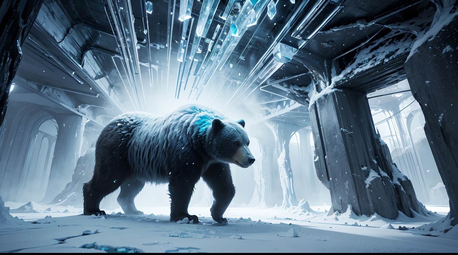 (best quality,4k,8k,highres,masterpiece:1.2),ultra-detailed,realistic,crystal cave,icy,glowing  formations,frozen stalactites,sparkling crystals,crystalline texture,snow-covered floor, ethereal atmosphere,enormous icy bear, majestic,powerful,imposing,dominant presence,arctic setting,snowy mountains,icy blue color palette,soft diffused light, enchanted ambiance