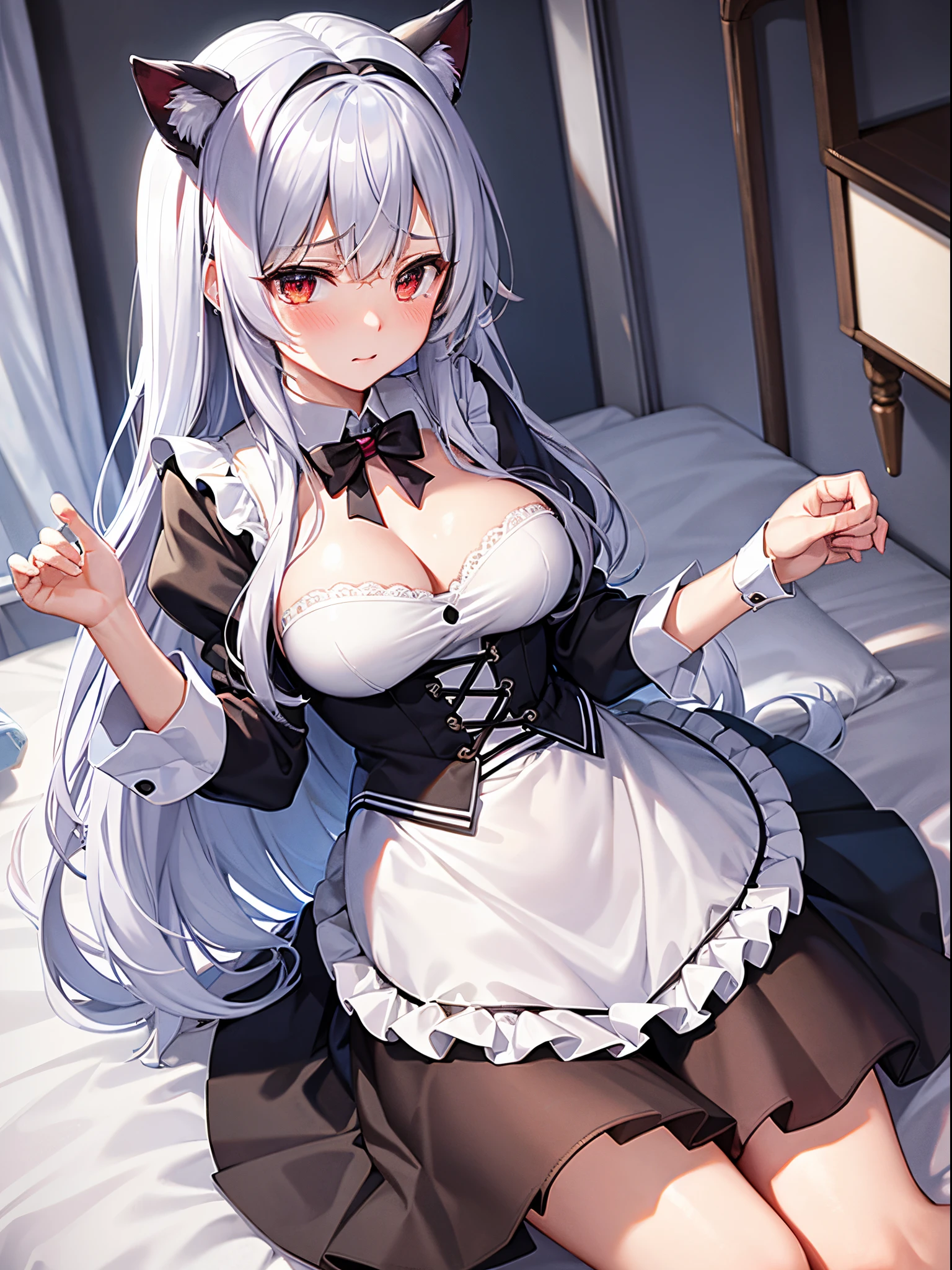 Best Quality, ultra-detailliert, Illustration, silber hair, Aimei,,embarrassed from，red blush，scratching your head，The long-haired，cute  face，beutiful breast，turned around，Close，Angle to show off breasts，look up to，finely detail，a bed、Maids，Cat's ears，crying how bright，Sit up，，turned around，skirt by the