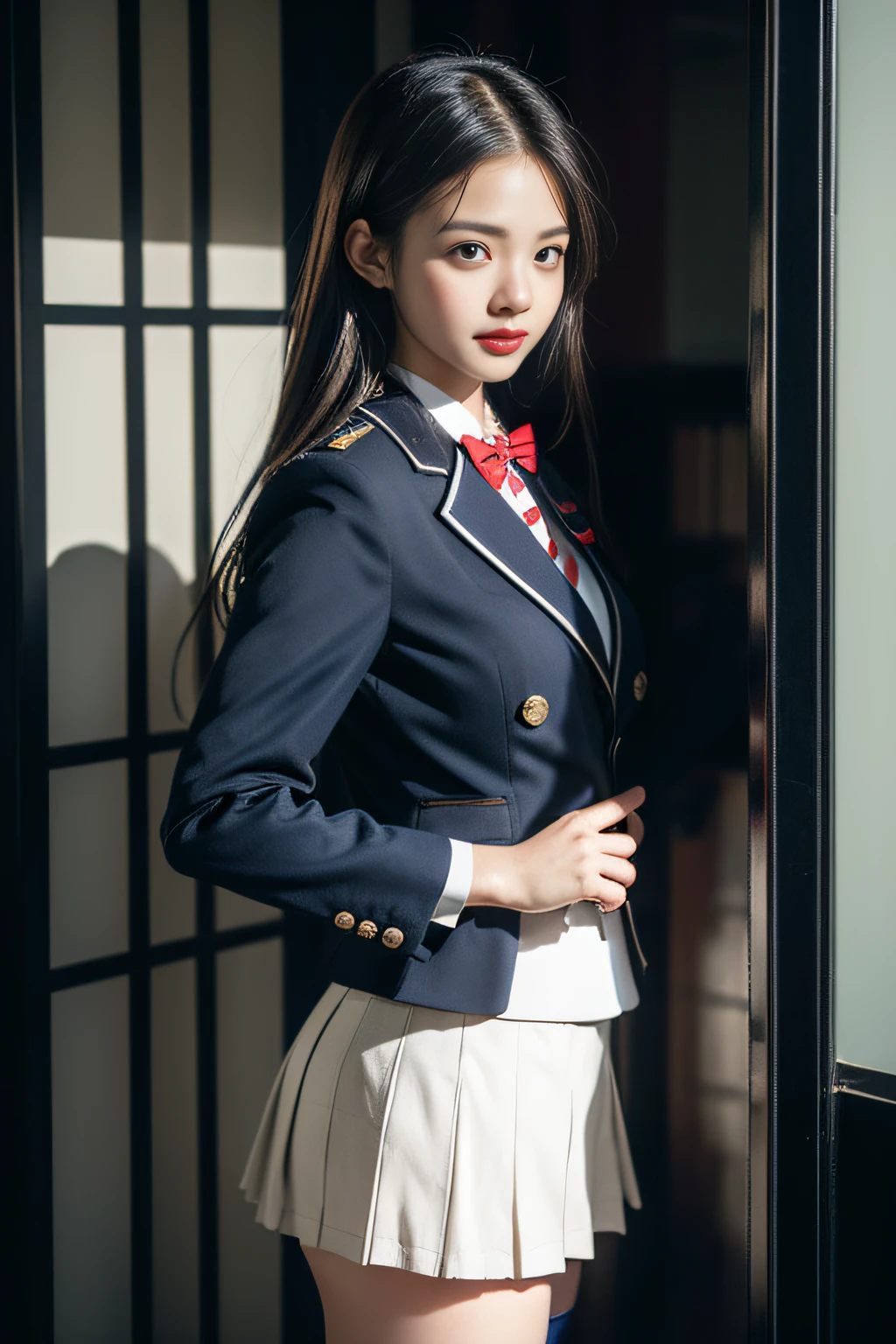 ( Female student standing near the train door),Charming eyes,Heartwarming action,Turn your face away from the camera,stooped,Bend over,turn back,Look up at your head,thick and long black hair,Highly detailed body,Highly detailed face,best qualtiy、(P boobs iNK underwear),(High School Girls),((White Blazer、emblem on breasts))、((Translucent blouse)),((red bowtie)),((navy check flare skirt)),(Black stockings)、