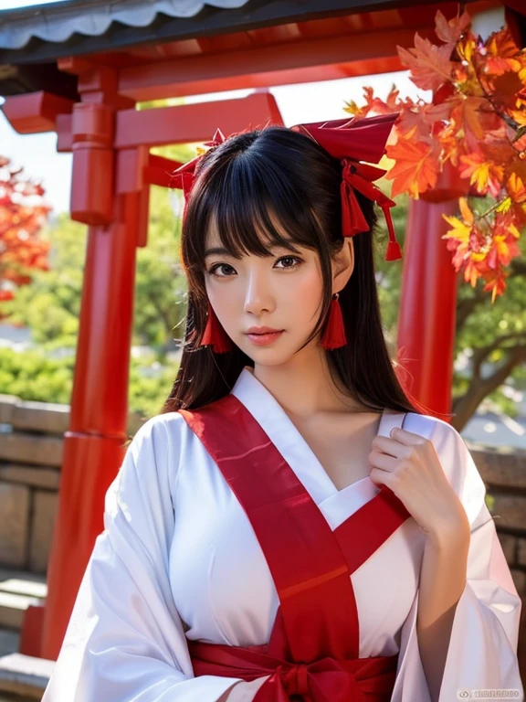 Does not contain adult elements、I can't see my skin、Reimu_hakurei, standing woman, shrine maiden, shrine background,big breasts,amazing character art, very detailed Artgerm, Spectacular art with exquisite characters, Detailed Art Germ,