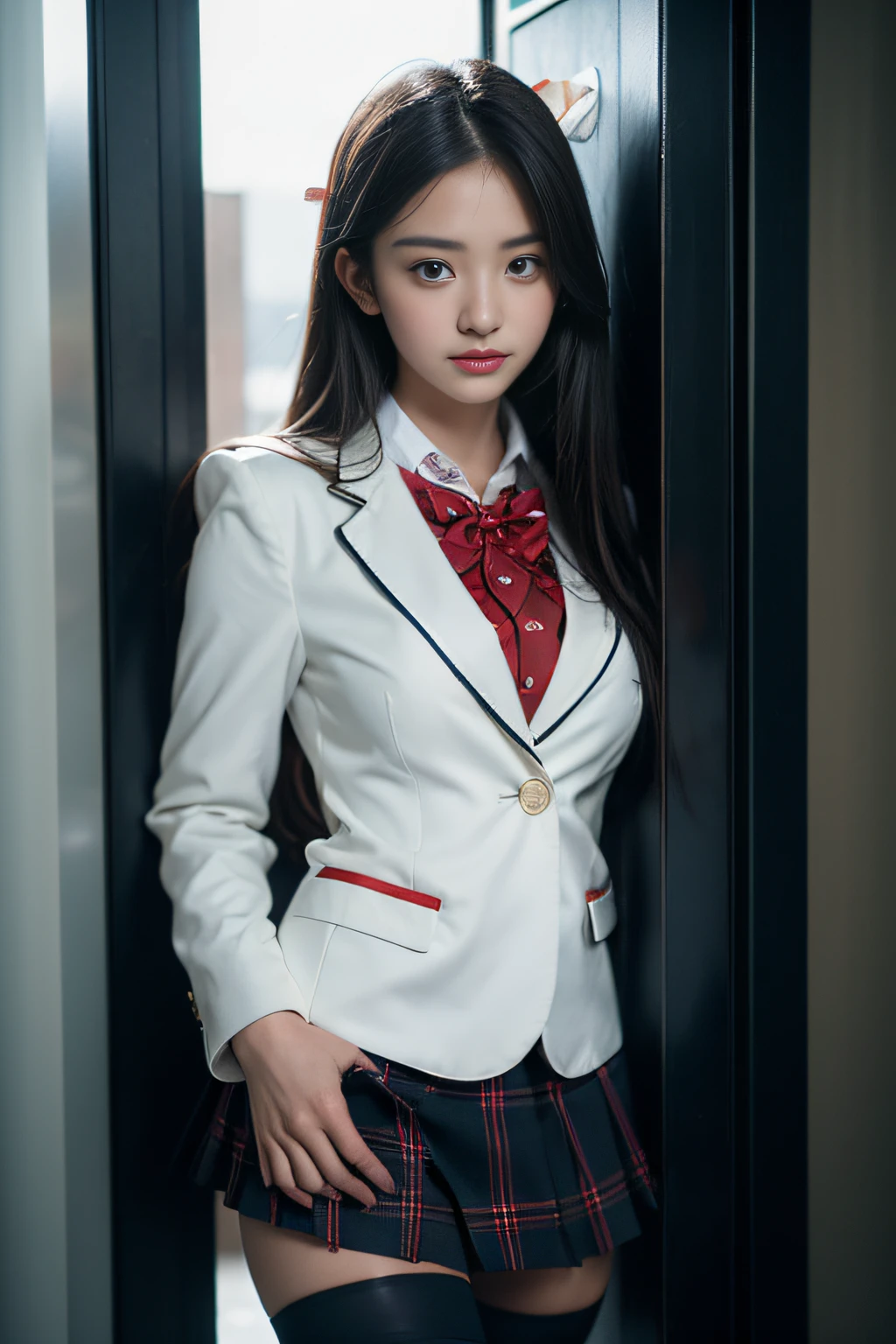 ( Female student standing near the train door)，Charming eyes，Heartwarming action，Turn your face away from the camera，stooped，Bend over，turn back，Look up at your head，thick and long black hair，Highly detailed body，Highly detailed face，best qualtiy、(P boobs iNK underwear),(High School Girls),((White Blazer、emblem on breasts))、((Translucent blouse)),((red bowtie)),((navy check flare skirt)),(Black stockings)、