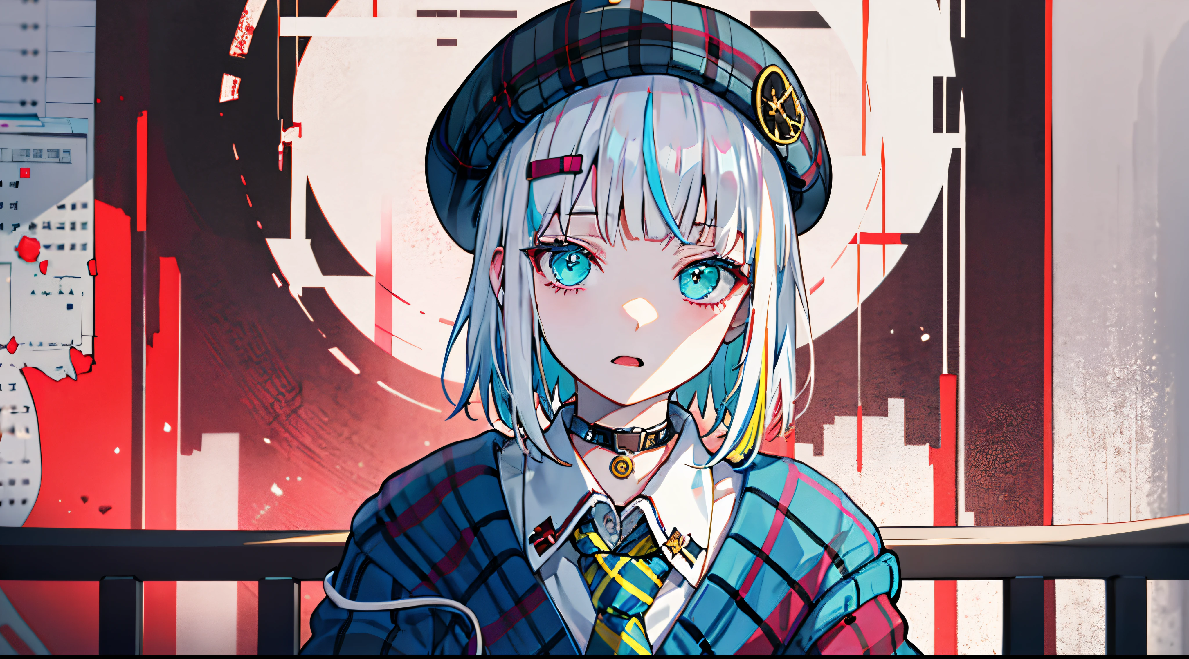 ((top-quality)), ((​masterpiece)), ((ultra-detailliert)), (Extremely delicate and beautiful), top-quality, ​masterpiece, 1girl in, 独奏, Red gradient streak hair, short-hair, white  hair, lillie(Wakka), Black beret, plaid skirts, a choker, Cyan Sweater Jacket, shirt with collar, Black plaid tie, sleeves past fingers, bluntbangs