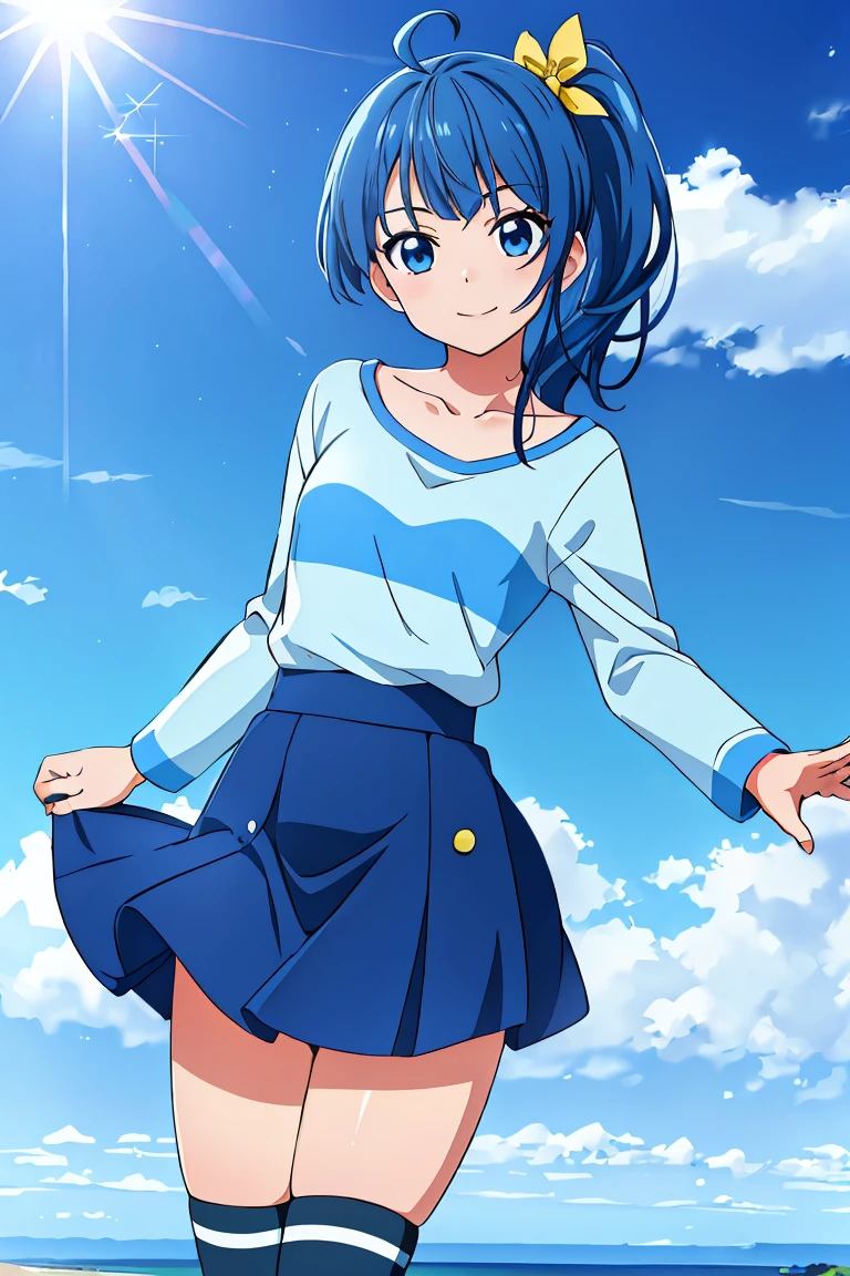 (masterpiece), (best quality),  1girl,dynamic angle,smile,jumping,solo, soraharewataru,blunt bangs,ahoge, blue_eyes, blue_hair, blue_shirt, blue_skirt, blue_thighhighs, blunt_bangs, collarbone, hair_bow, yellow_bow, long_sleeves, medium_hair, side_ponytail, small_breasts,striped_shirt, zettai_ryouiki, photorealistic,day,sunshine,beautiful sky,outdoors,seaside