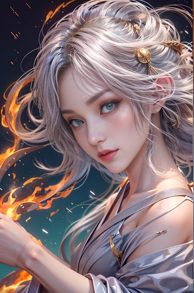 (Photoreal Stick:1.4, masutepiece:1..3, 8K), top-quality, masterpiece, 超A high resolution, Perfect dynamic composition, Professional camera work, Grow Light Effect, Mystical portrait, Cinematic Light, Highly detailed skin and facial texture:1.3, The ultra-detailliert, A detailed eye, (wave of fire, water wave, the wind, lightning bolt), (myterious:1.3, Fanciful:1.2, tradition:1.2, majestueux:1.2), 1girl in, 25-years old, cute sexy slim female angel, Fair skin, (Enraptured look:0.9, Totally captivates you:1.0), (silver japanese kimono:1.3 off shoulder), (voluptuous breasts:0.9), (Backshots, Calm pose), (Beautiful blue eyes, Eyes that feel beautiful eros:0.85), Sexy face:0.4, (A mouthfeel that feels beautiful eros:0.85), ((Too cute beauty:0.9))