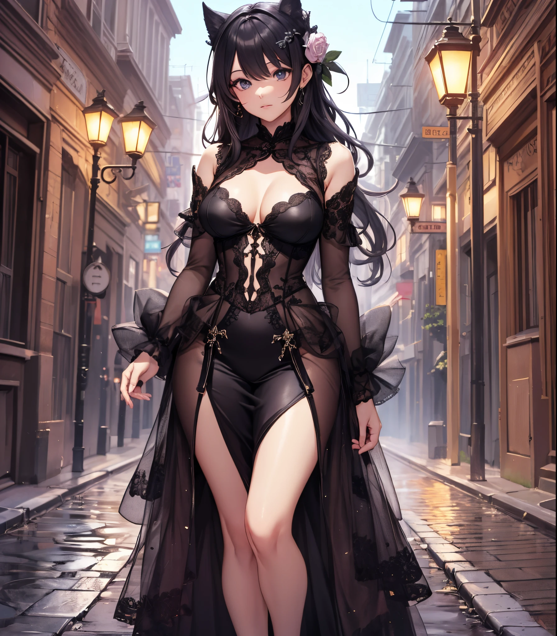 ((full body)), long hair,the night,A girl,lace black dress, deep shading,cold light,low tune,in the darkness nigth,RAW photogr,best qualtiy,tmasterpiece,Ultra-high resolution,Realistic1.5