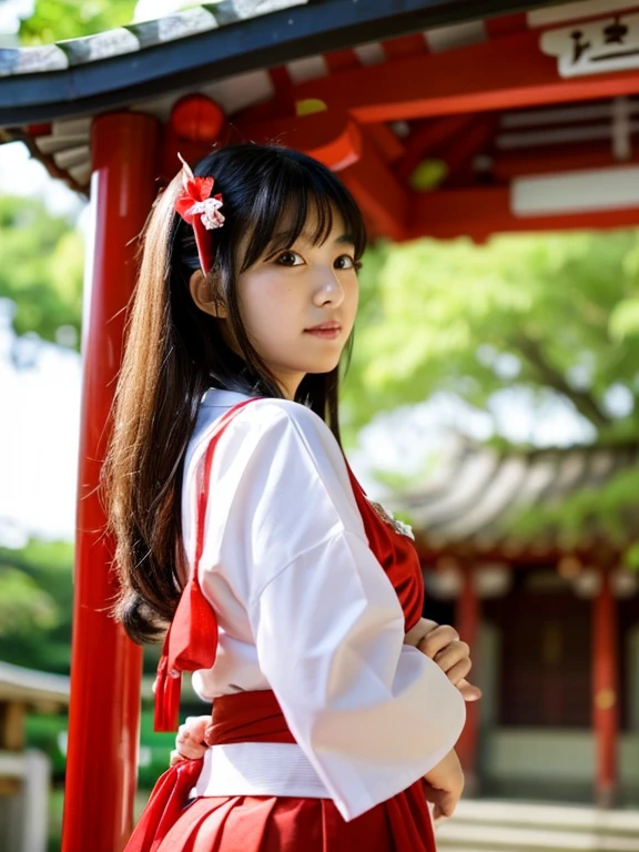 Reimu_hakurei, Standing Back, shrine maiden, shrine background,