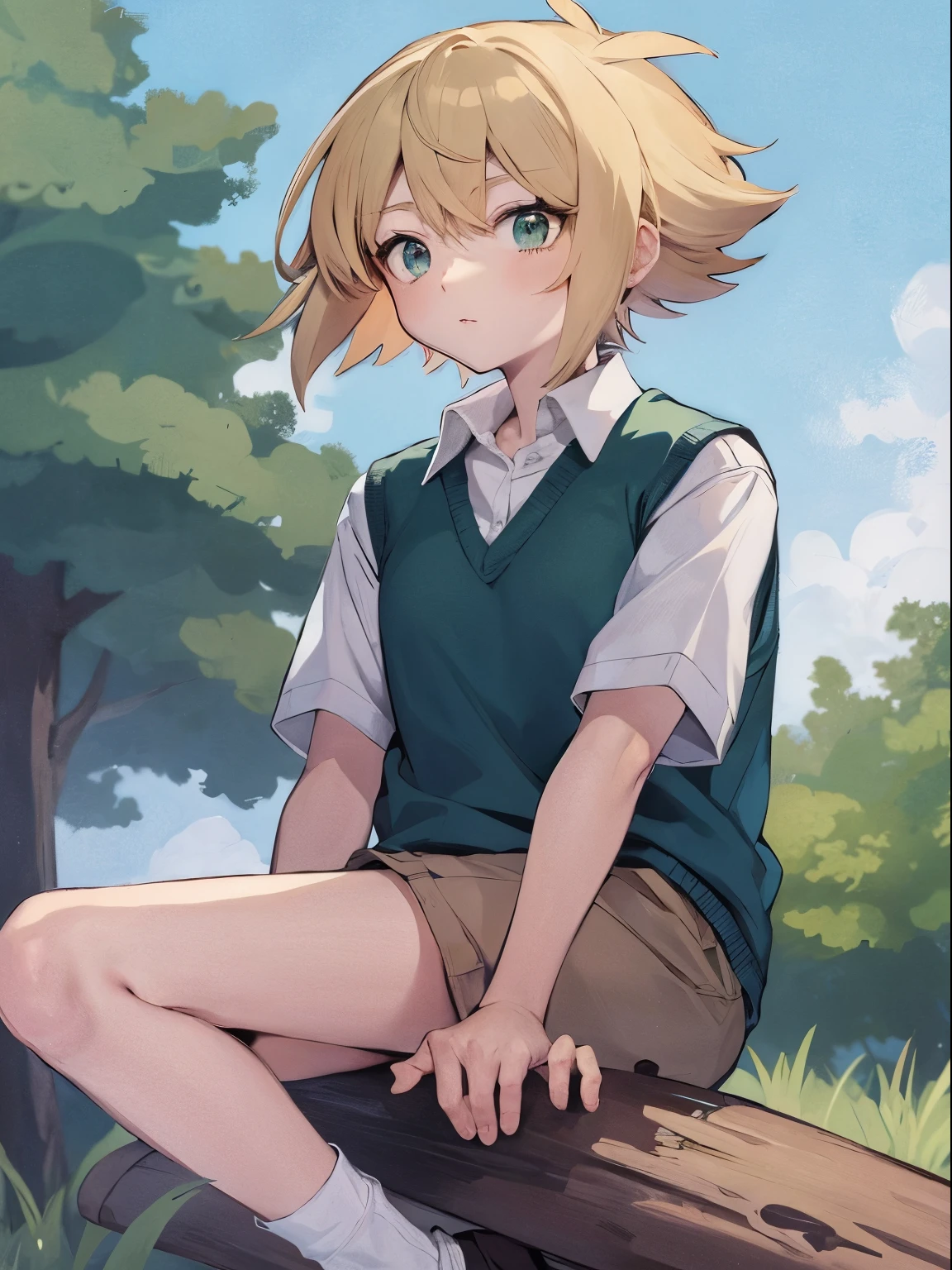 a girl sitting on a log in the woods with her legs crossed, anime visual of a cute girl, high quality anime artstyle, anime moe artstyle, clean detailed anime style, demon slayer rui fanart, high quality fanart, tall anime guy with green eyes, anime style character, made with anime painter studio, in an anime style, anime wallaper, in anime style, dresses Brown vest, white shirt, Brown shorts, look at viewer, eyes look at viewer