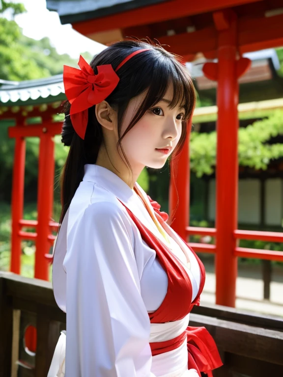 Does not contain adult elements、I can't see my skin、Reimu_hakurei, standing woman, shrine maiden, shrine background,big breasts,amazing character art, very detailed Artgerm, Spectacular art with exquisite characters, Detailed Art Germ,
