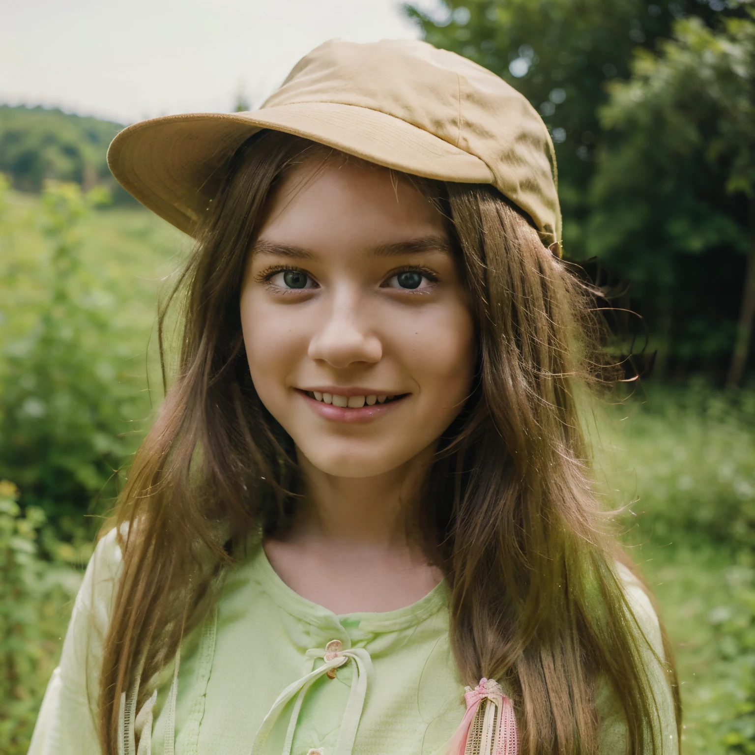 Mbtiverse, a young girl, has a white long hair, green eyes, pink natural lips, smile peacefully, wearing a green outfit, in nature landscape, real life
