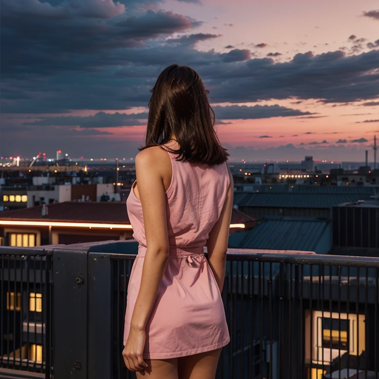 Girl looking at the city from far, pinkish skies, lights of building glowing, digital art
