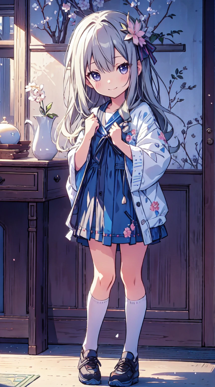 masutepiece, Best Quality,Illustration, Wallpaper, ultra -detail, 1little girl、♡、Futomo、Poses in motion、soft smiling、spring outfit