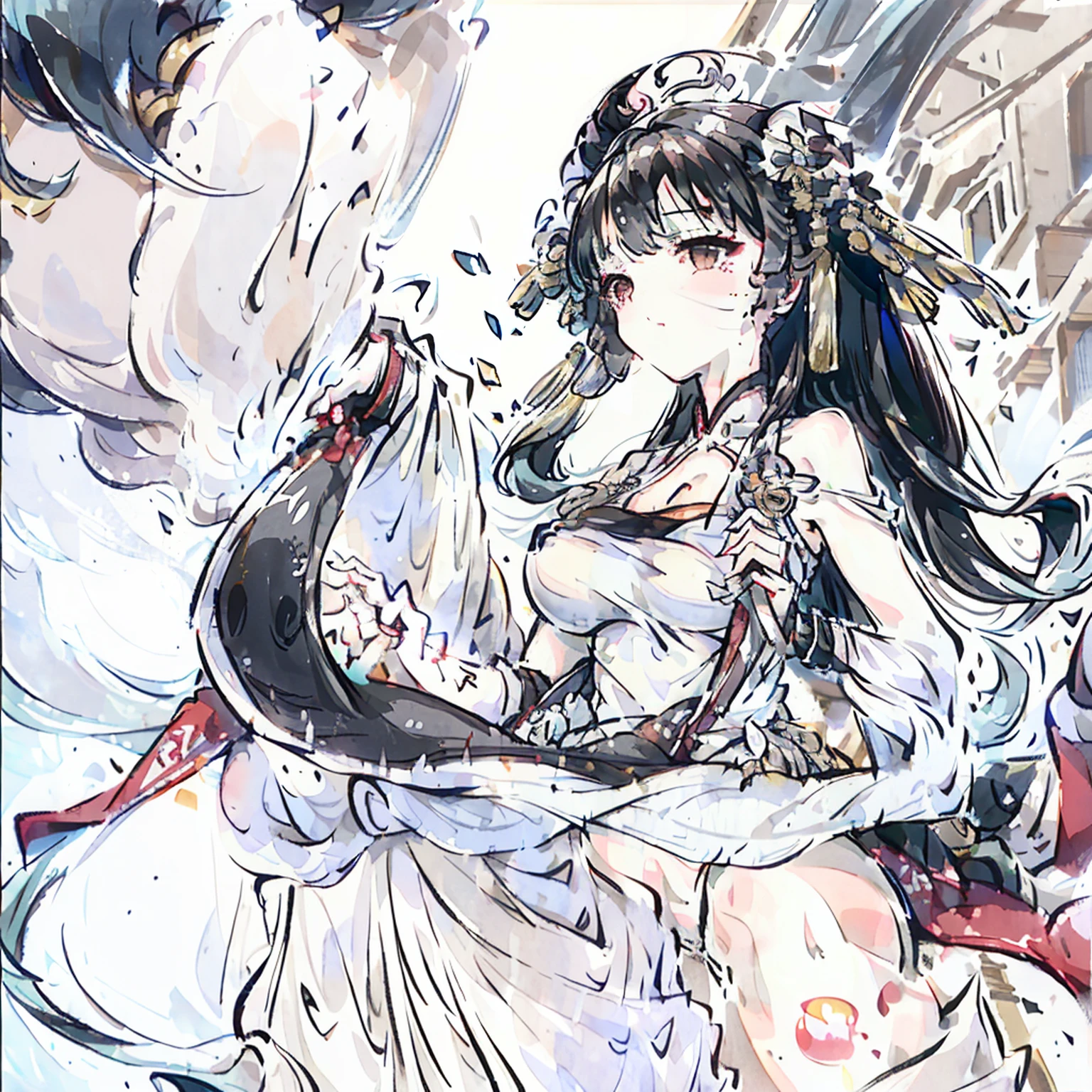 (quality), (tmasterpiece), (A high resolution), (1Blittle girl)、(Wear an eye patch)、(black hair color hair)、(plumw)、(ssmile) 、(Fluffy clothes)、(White military uniform)、(soaked pubic hair:1.5)、(very refined), quality, tmasterpiece、超A high resolution, (真实感:1.4), RAW photogr, street photos, She touched her chest, Body sweating, (sheer cloth:1.35)(loose:1.5)、 (Large breasts droop),Deep contrast, depth of fields, Under angle, low angles, (Lying in the city)、background crowd mix, Medium shot ,