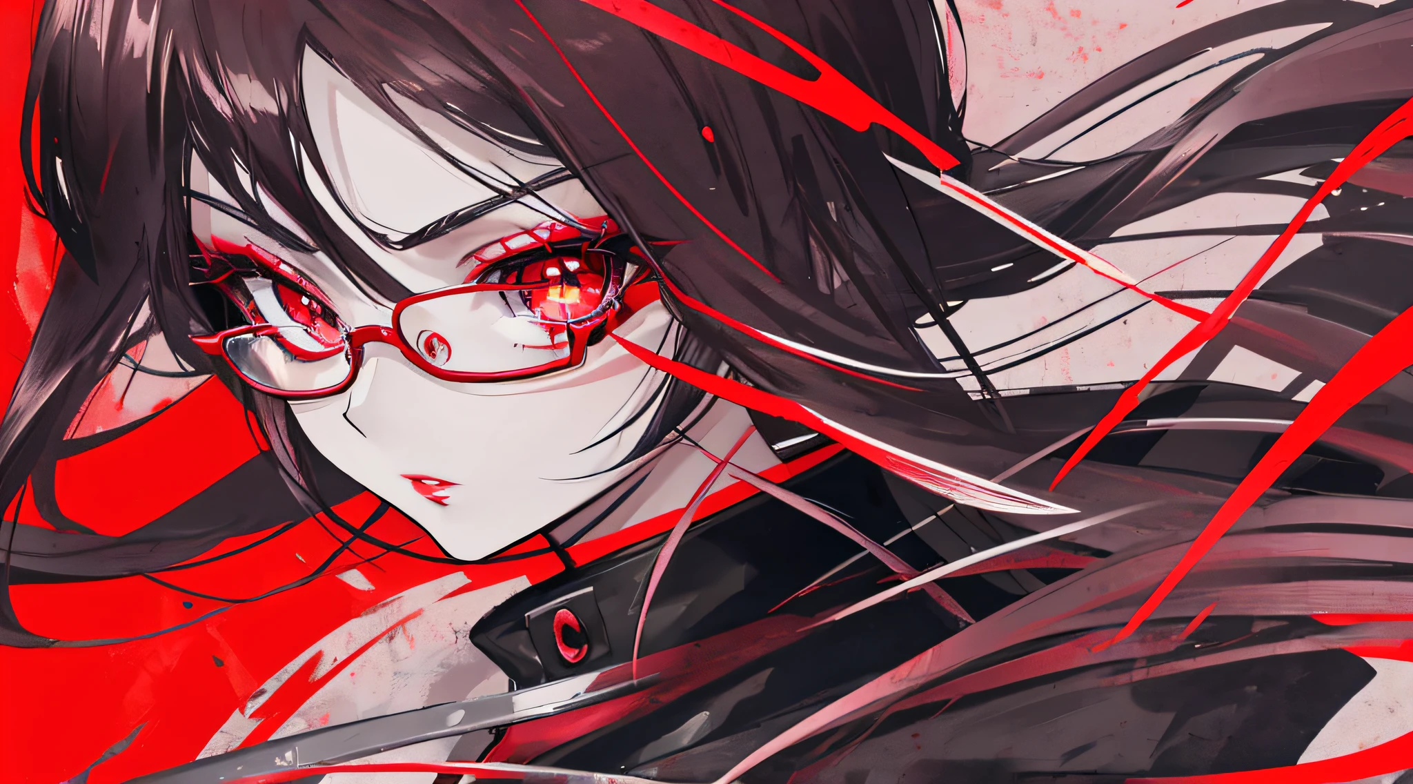 Japanese cartoon, Red-eyed girl wearing glasses stares into the camera, Redness of the eyes, with a red eyes, red luminous eyes, luminous red eyes, Red eyes glow, badass anime 8 k, Anime style 4k, Anime cute art style, eyes glowing, red - eyed, Red-eyed, epic anime style, Persona 5 Art StyleWLOP1boy， （closeup of face， tmasterpiece， Best quality：1.2）， 8K， offcial art，（Smokey red eyeshadow with glitter， Glazed pink lip：1.1）， （very dark background：1.4）， high density lighting， ultra real photo， A high resolution， photography， filmgrain， color difference， Focus sharp， HD light source， 动态照明， 电影灯光， Professional shadows， dark shadow，Most detailed，extremely detaile，hyper-detailing，finely detailled，dermiquisite facial features，Detailed face and eyes，Sharp pupils，realistic pupillack hair color hair：1.4）