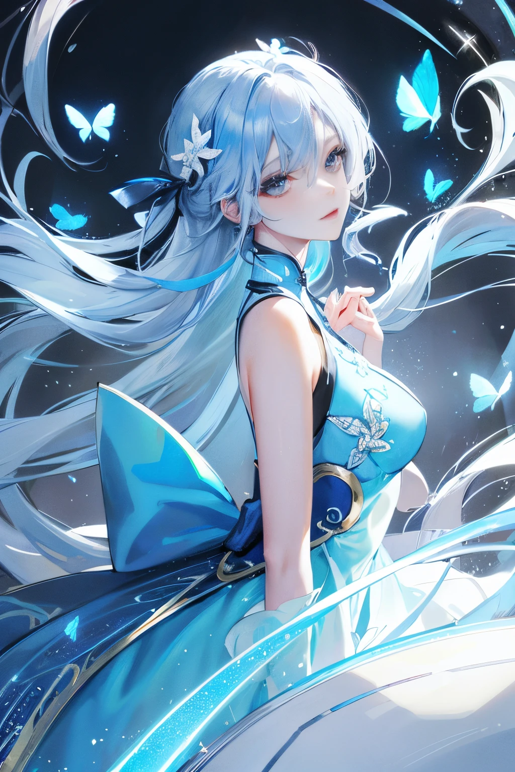 Glowing blue butterfly，Blue cheongsam，1girll，blue colors，Long white hair， Masterpiece, Best quality,A high resolution,Detail enhancement，best qualtiy，Perfect image quality，Cool and elegant，Beautiful and gentle