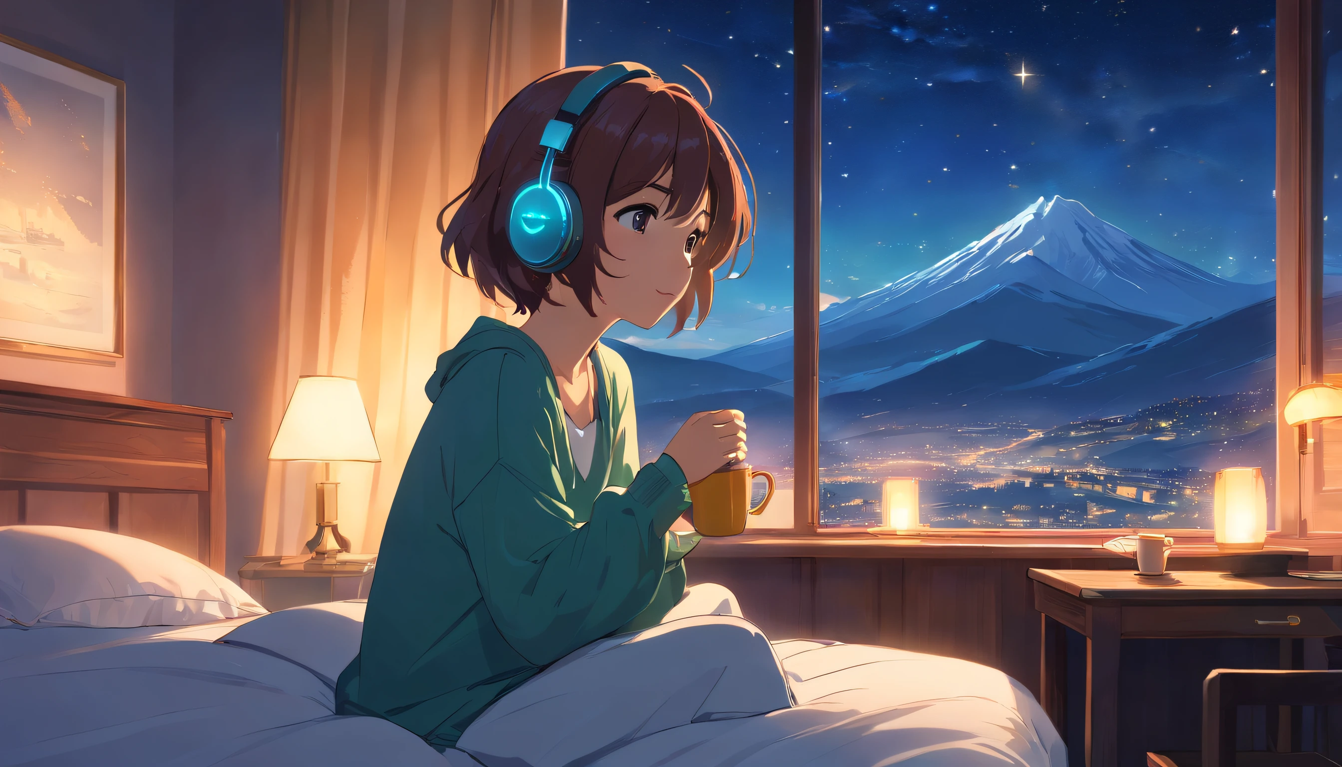 a girl enjoying beautiful scenery from window  setting on bed, with a cup of hot tea on table,  wearing headphone, enjoy music , bed, night sky, shining stars, mountains, cozy, ultrarealistic, ultra imagination view