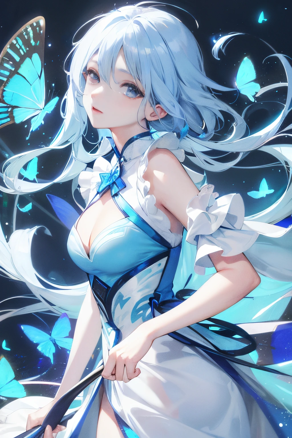 Glowing blue butterfly,Blue cheongsam,1girll,Blue color,long white hair, masutepiece, Best Quality,hight resolution,Detail Enhancement,best qualtiy,Perfect image quality,cool and elegant,Beautiful and gentle