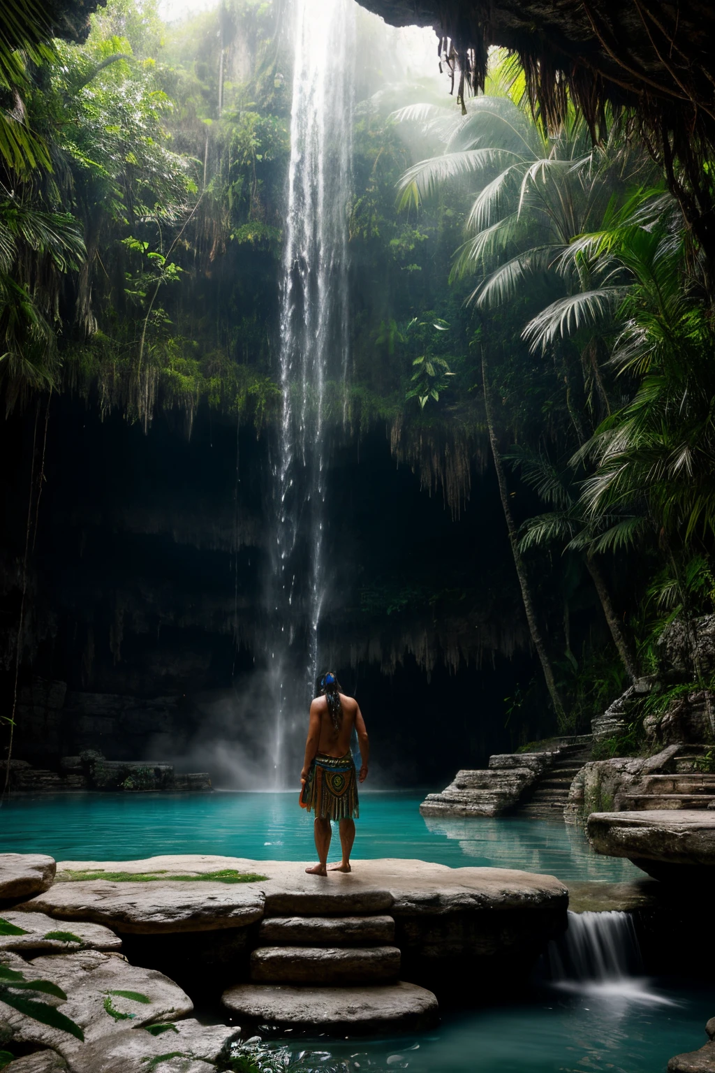 shaman in cenote, mystic, hyperrealistic, octane render, photoreistism, cryengine, artgerm, unreal engine highly detailed, realistic,