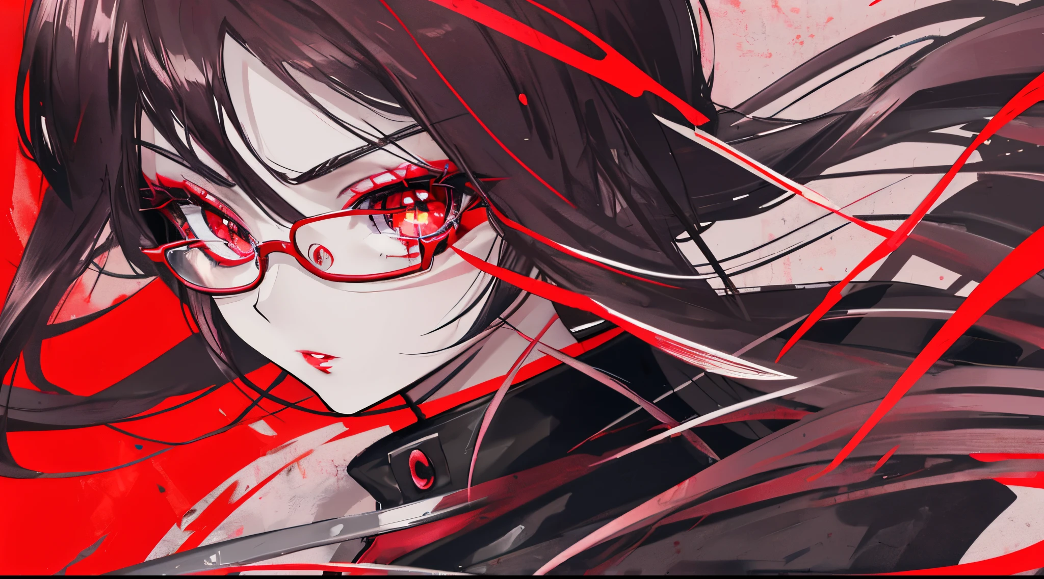 Anime, Red-eyed girl with glasses staring into the camera, with red glowing eyes, with glowing red eyes, Red glowing eyes, Glowing red eyes, red eyes glowing, Badass anime 8 K, style of anime4 K, Anime moe art style, with glowing eyes, Red-eyed, red - eyed, Epic anime style, Persona 5 Art Style WLOP1boy, (Close-up of face, tmasterpiece, best qualtiy:1.2), 8K, offcial art,(smokey red eye shadow with glitter, Glazed pink red lip:1.1), (Very dark background:1.4), hdce light, Ultra photo realsisim, A high resolution, photography of, filmgrain, color difference, Sharp focus, hdce light source, 动态照明, cinmatic lighting, Professional shadows, dark shadow,Most detailed,extremy detailed,Hyper-detailing,finedetail,realskin,exquisitefacialfeatures,Detailed face and eyes,Sharp pupils,realistic pupil,(brunette color hair:1.4)