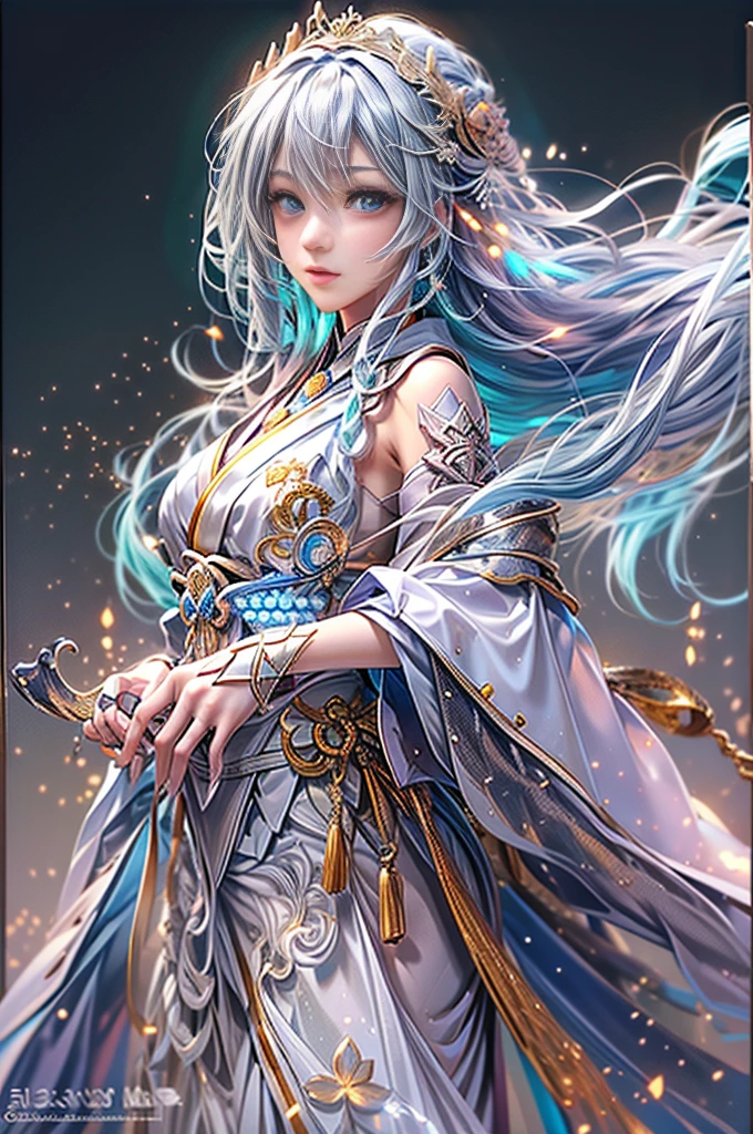(Photoreal Stick:1.4, masutepiece:1..3, 8K), top-quality, ​masterpiece, 超A high resolution, Perfect dynamic composition, Professional camera work, Grow Light Effect, Mystical portrait, Cinematic Light, Highly detailed skin and facial texture:1.3, The ultra-detailliert, A detailed eye, (Vortex of Fire, water wave, thunder), (myterious:1.3, Fanciful:1.2, tradition:1.2, majestueux:1.2), 1girl in, 25-years old, cute sexy slim goddess, Fair skin, (Enraptured look:0.9, Totally captivates you:1.0), (silver japanese kimono:1.3 off shoulder), (voluptuous breasts:0.9), (Backshots, Calm pose), (Beautiful blue eyes, Eyes that feel beautiful eros:0.85), Sexy face:0.4, (A mouthfeel that feels beautiful eros:0.85), ((Too cute beauty:0.9))