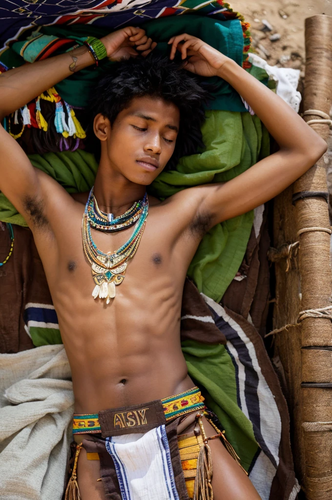 A tribal boy wearing a tattered loincloth and an ivory necklace takes a nap., student