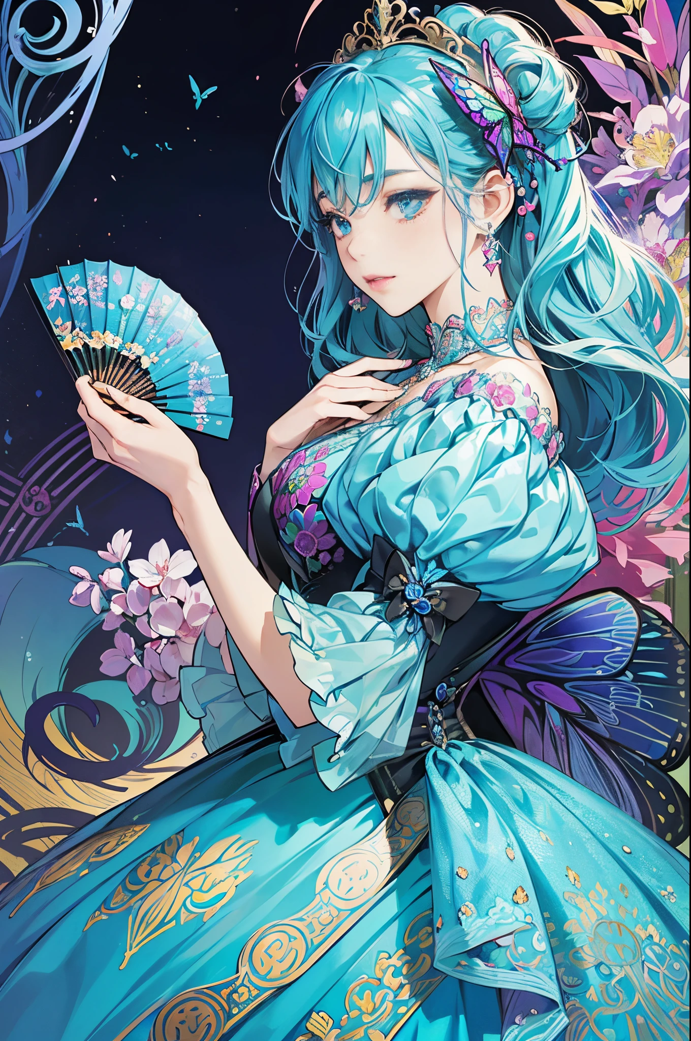 Butterfly motif、Blue Undertone、Vibrant colors、((masterpiece)))、(((top-quality)))、((ultra-detailliert))、(A hyper-realistic)、(highly detailed CGillustration)、Extremely detailed,(Fractal Art:1.1)、Geometry learned、abstract background、Official art、Luxembourg in the early 20th century、Decadent、Madame Papillon、Cool Beauty、Masquerade、sophisticated menegance、Gorgeous、Colorful and detailed mask design、matchless beauty、Fans、gorgeous dress、jewely、Female Solo、Perfect Angle、perfect-composition、foco nítido