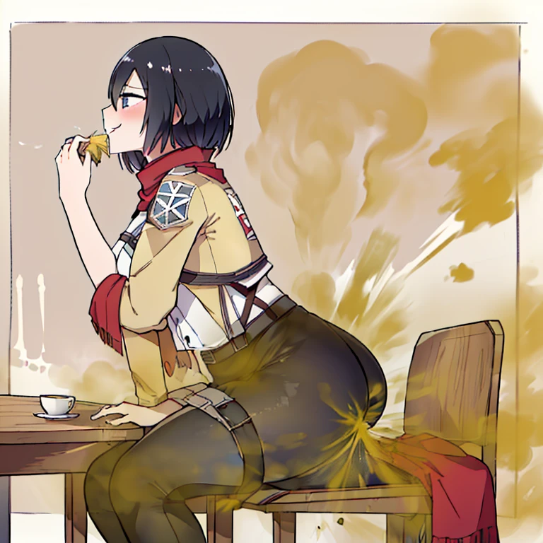 ((Mikasa ackerman)),((velocity)),Yellow smoke,Attacked by farts, (((Women sit on seat)),wear legging,velocity,(Yellow smoke  rising),i&#39;i&#39;i&#39;i&#39;i&#39;i&#39; dining room),((One Woman)),((A girl smells a fart and smiled frowned)),((fart while eat)),(farting in dining table),((blushinasterpiece:1.2、top-quality)、(the Extremely Detailed CG Unity 8K Wallpapers、ultra-detailliert、Best Shadows)、(细致背景)、(The best lighting、extremely delicate and beautiful)、depth of fields、1girl in、独奏 ,looking arround her,Women wear scout outfit,Ephemeral,,(),(scout regiment outfit)),((((Girl  embarassed when she smells the bad smell of farts)))),outfit like a scout regiment,((((profile facing diagonally)))),((i&#39;I closed my mouth with hand feel embarassed...)),(()),((embarassing look)),((massive fart)),((fart text))