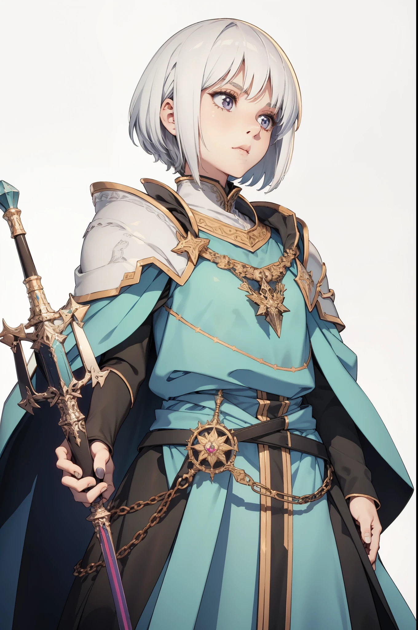 One female, ************, short white hair, detailed, emotionless face, wearing a shoulder pad, a mage's robe, holding a mage's staff in hand, front camera, white background