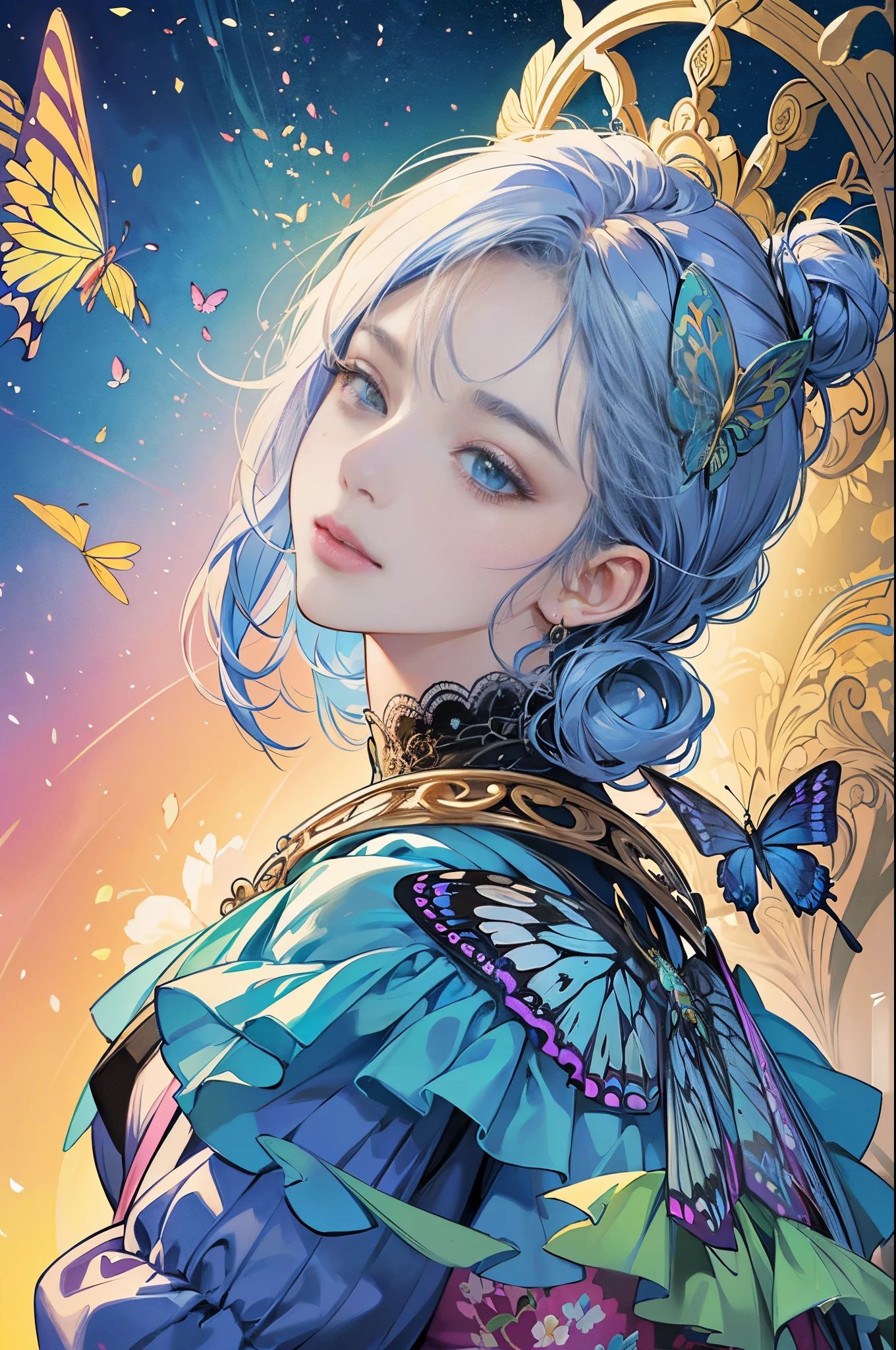 Butterfly motif、Blue Undertone、Vibrant colors、((masterpiece)))、(((top-quality)))、((ultra-detailliert))、(A hyper-realistic)、(highly detailed CGillustration)、Extremely detailed,(Fractal Art:1.1)、Geometry learned、abstract background、Official art、Luxembourg in the early 20th century、Decadent、Madame Papillon、Cool Beauty、Masquerade、sophisticated menegance、Gorgeous、Colorful and detailed mask design、matchless beauty、Fans、gorgeous dress、jewely、Female Solo、Perfect Angle、perfect-composition、foco nítido