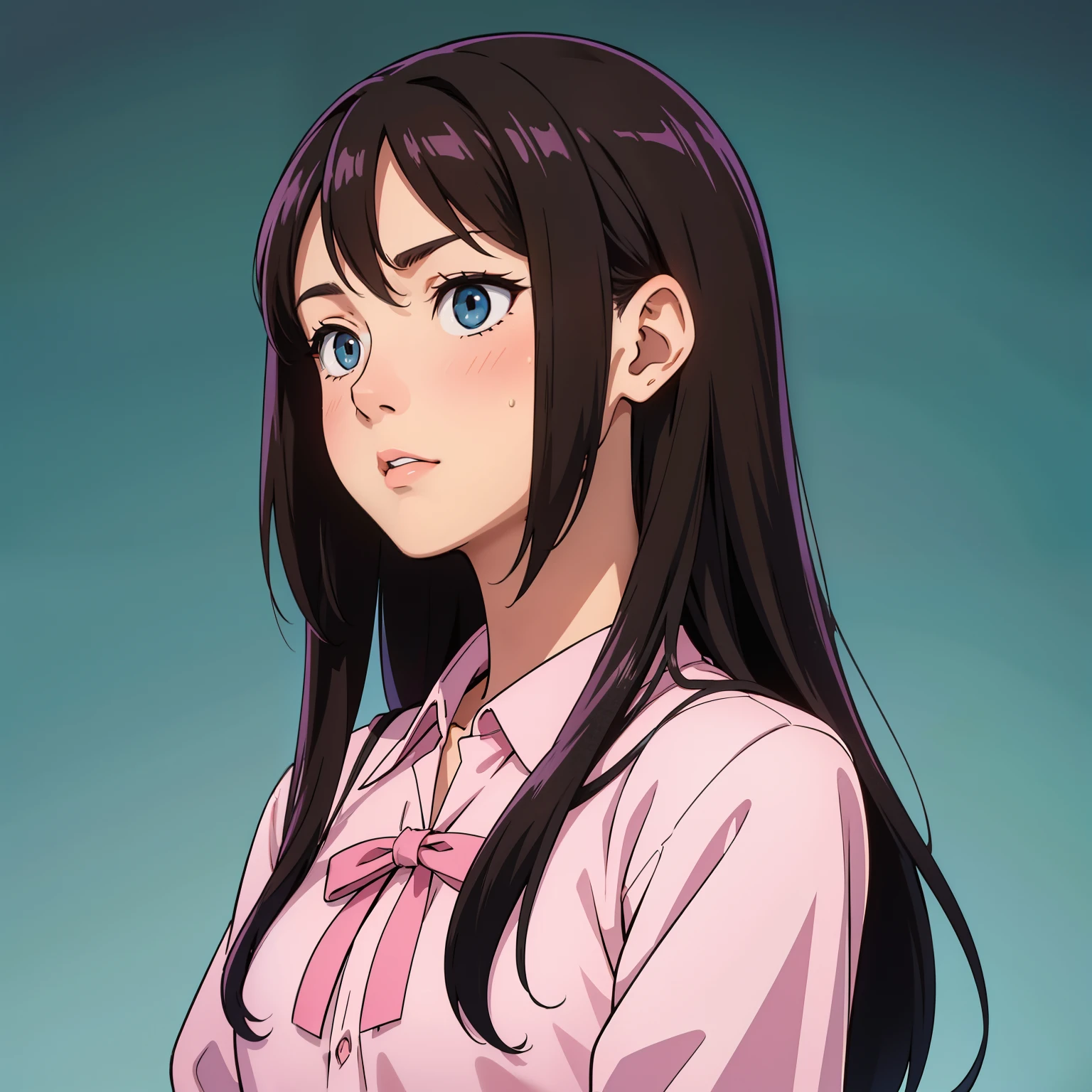 (Best Quality, anime sharp eyes), detailed_background,teal background, closeup, sharp look, mature, brown hair, long hair, straight hair, hair bow,pixelated,blush ,luca (kuruton486),highres,1girl,letterboxed,solo,kuruton486,pink casual shirt,blue eyes,shirt,parted bangs