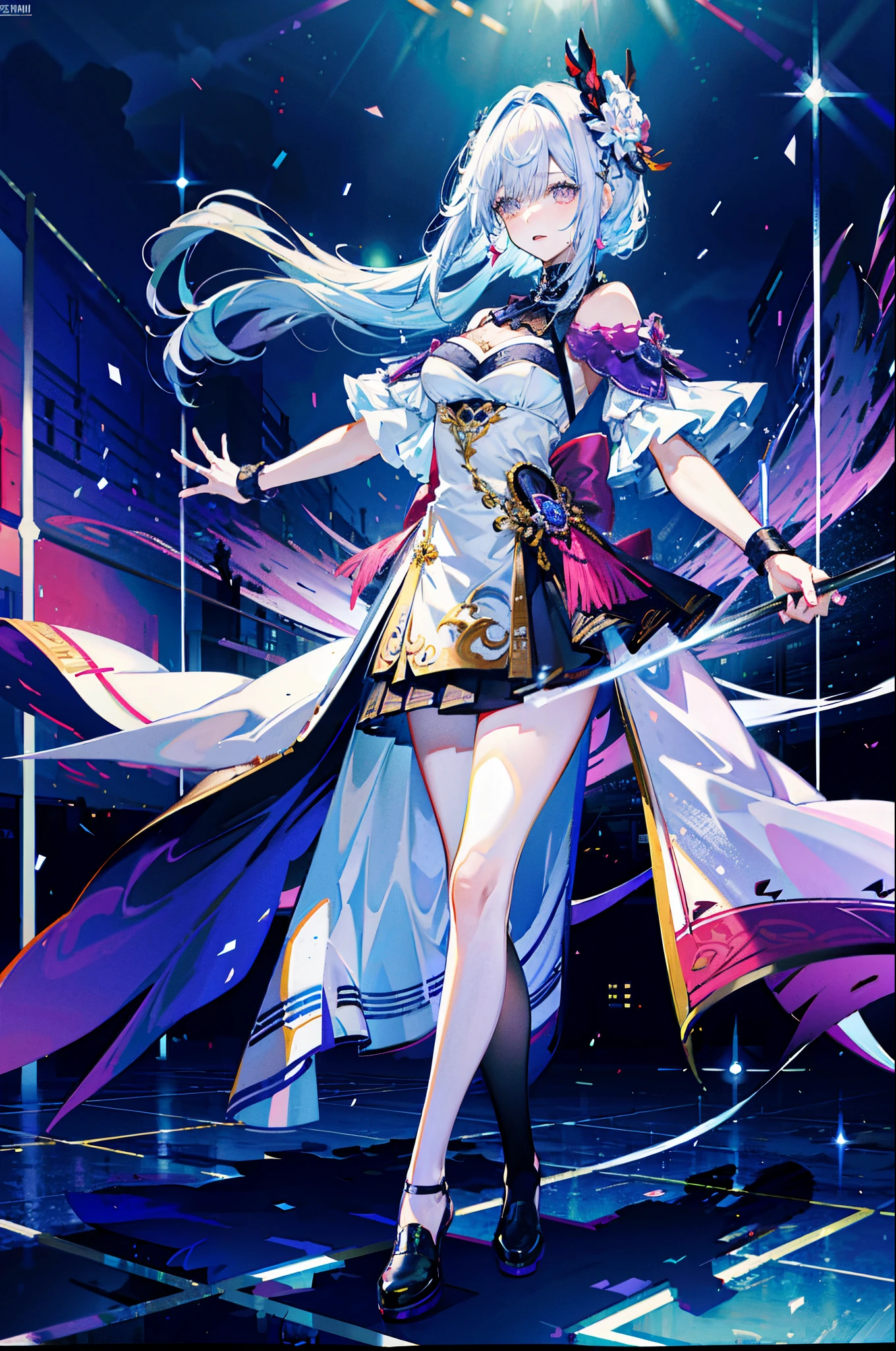 (best quality, detailed background, highres, absurdres, bloom, disheveled hair, shiny hair, exposed in lighting, bright pupils),
1girl, focus on leg, earpiece, long hair, silver hair, large_breasts, action_pose, standing,  arms behind back, stage, spotlight, glass ceiling, 
shenhe \(genshin impact\), hair_ornament, hair over one eye,  designer dress,  dutch_angle,