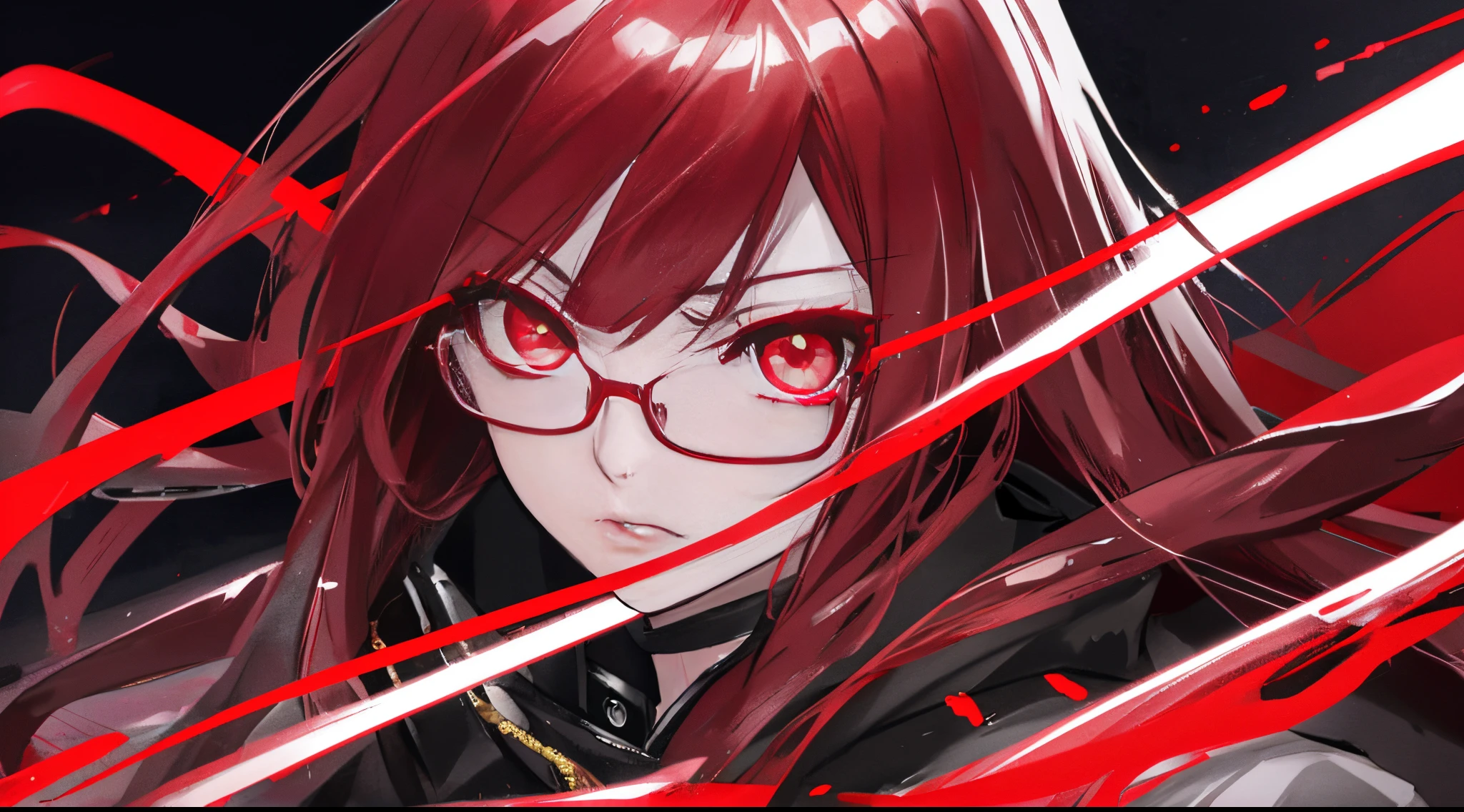 Japanese cartoon, Red-eyed girl wearing glasses stares into the camera, Redness of the eyes, with a red eyes, red luminous eyes, luminous red eyes, Red eyes glow, badass anime 8 k, Anime style 4k, Anime cute art style, eyes glowing, red - eyed, Red-eyed, epic anime style, Persona 5 Art StyleWLOP1boy, (closeup of face, tmasterpiece, Best quality:1.2), 8K, offcial art,(Smokey red eyeshadow with glitter, Glazed pink lip:1.1), (very dark background:1.4), high density lighting, ultra real photo, A high resolution, photography, filmgrain, color difference, Focus sharp, HD light source, 动态照明, 电影灯光, Professional shadows, dark shadow,Most detailed,extremely detaile,hyper-detailing,finely detailled,dermiquisite facial features,Detailed face and eyes,Sharp pupils,realistic pupillack hair color hair:1.4)