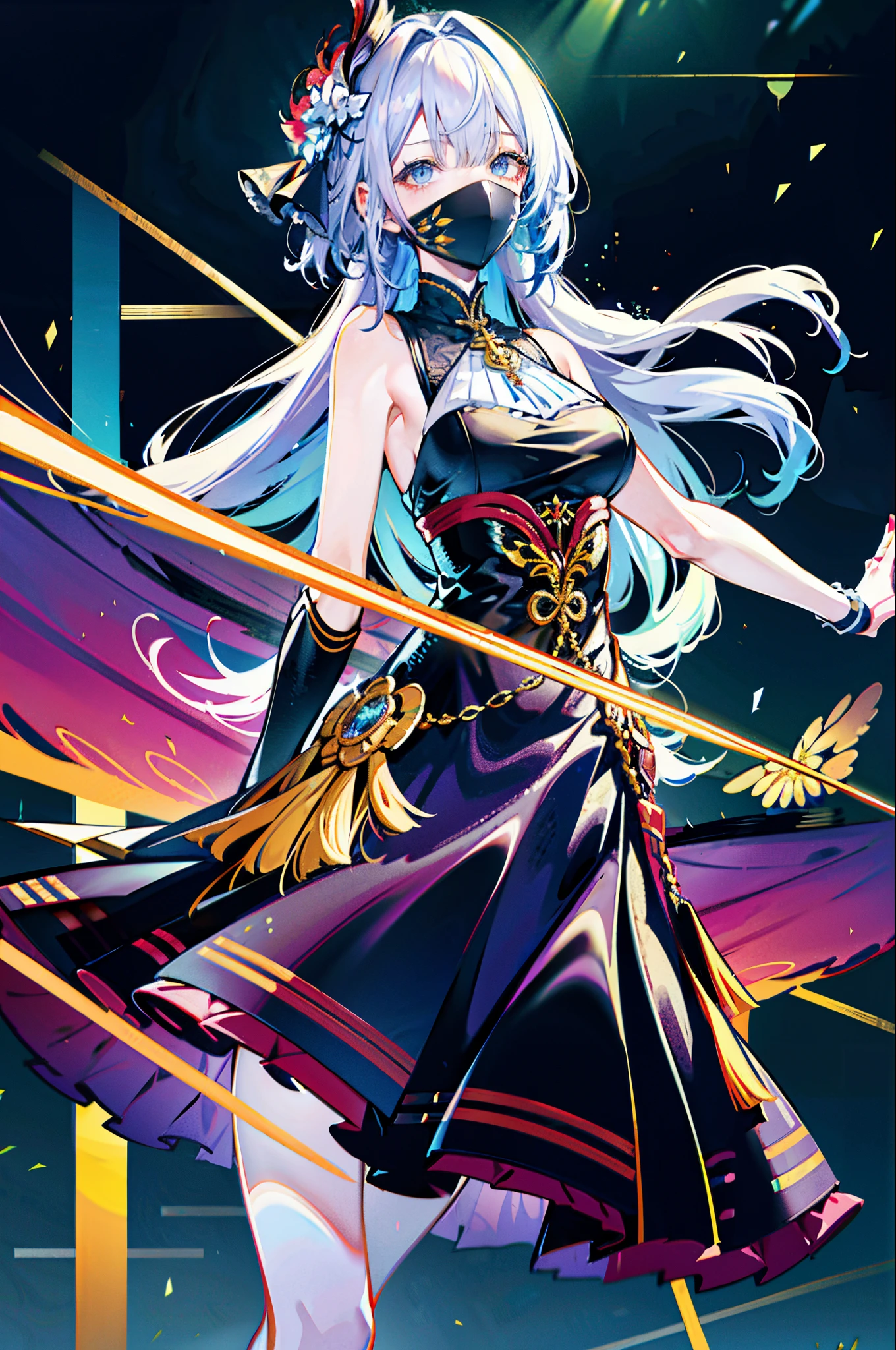 (best quality, detailed background, highres, absurdres, bloom, disheveled hair, shiny hair, exposed in lighting, bright pupils),
1girl, focus on leg, earpiece, long hair, silver hair, large_breasts, action_pose, standing, arms behind back, stage, spotlight, glass ceiling,
shenhe \(genshin impact\), hair_ornament, hair over one eye, designer dress, dutch_angle, upper body,