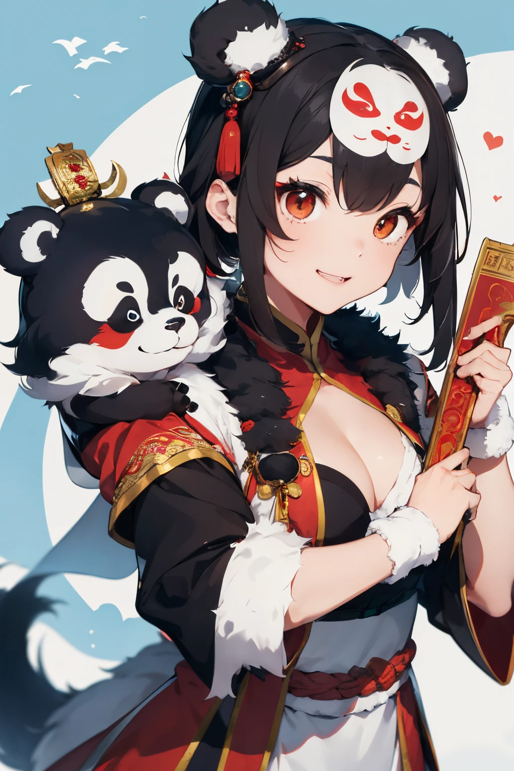 Cute furry pandas,Wearing Peking Opera headgear,A little bit of facial makeup elements,Wearing Peking Opera costumes,Holding a weapon from Peking Opera in his hand