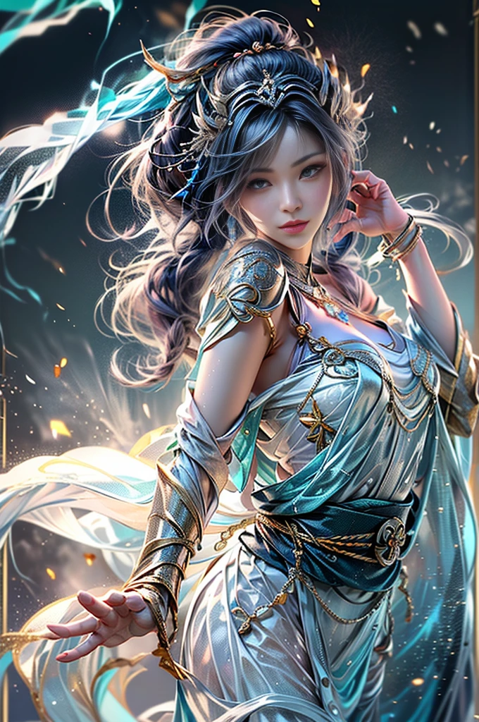 (Photoreal Stick:1.4, masutepiece:1..3, 8K), top-quality, masterpiece, 超A high resolution, Perfect dynamic composition, Professional camera work, Grow Light Effect, Mystical portrait, Cinematic Light, Highly detailed skin and facial texture:1.3, The ultra-detailliert, A detailed eye, (Vortex of Fire, water wave, Dance of the Wind, lightning bolt), (myterious:1.3, Fanciful:1.2, tradition:1.2, majestueux:1.2), 1girl in, 25-years old, cute and sexy slim goddess, Fair skin, (Enraptured look:0.9, Totally captivates you:1.0), (silver japanese kimono:1.3 off shoulder), (voluptuous breasts:0.9), (Backshots, Calm pose), (Beautiful blue eyes, Eyes that feel beautiful eros:0.85), Sexy face:0.4, (A mouthfeel that feels beautiful eros:0.85), ((Too cute beauty:0.9)), Fantastic background
