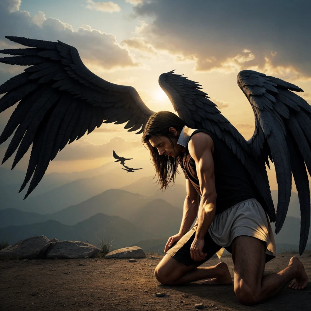 there is a man kneeling down with wings spread out, a hyperrealistic painting by Ahmed Karahisari, pixabay contest winner, happening, the angels are crying, fallen angel, angels protecting a praying man, angel protecting man, emotional picture, biblical accurate angel, biblically acurate angel, human need death angel, to fathom hell or go angelic