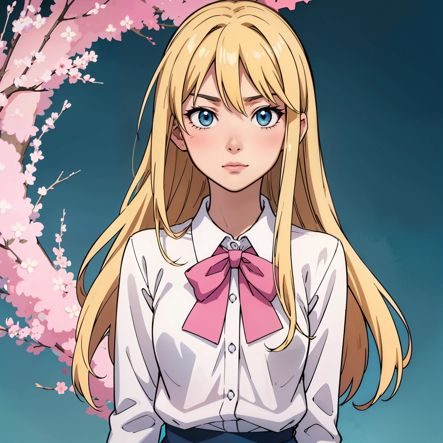(Best Quality, anime sharp eyes), detailed_background,teal background, closeup, sharp look, mature, blonde hair, long hair, straight hair, hair bow,pixelated,blush ,luca (kuruton486),highres,1girl,letterboxed,solo,kuruton486,pink casual shirt,blue eyes,shirt,parted bangs