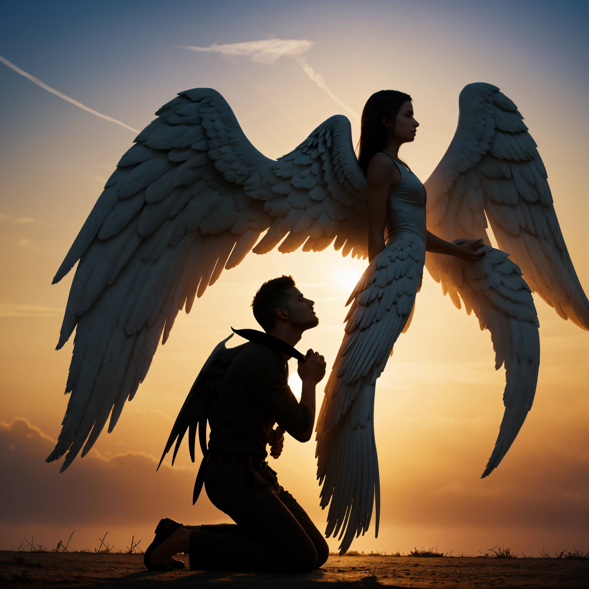 there is a man kneeling down with wings spread out, the angels are crying, fallen angel, angels protecting a praying man, angel protecting man, emotional picture, biblical accurate angel, human need death angel, biblically accurate angel, to fathom hell or go angelic, angelic, beautiful image ever created, angelic and unsettling, 'he knows what you did', s4w3d0ff