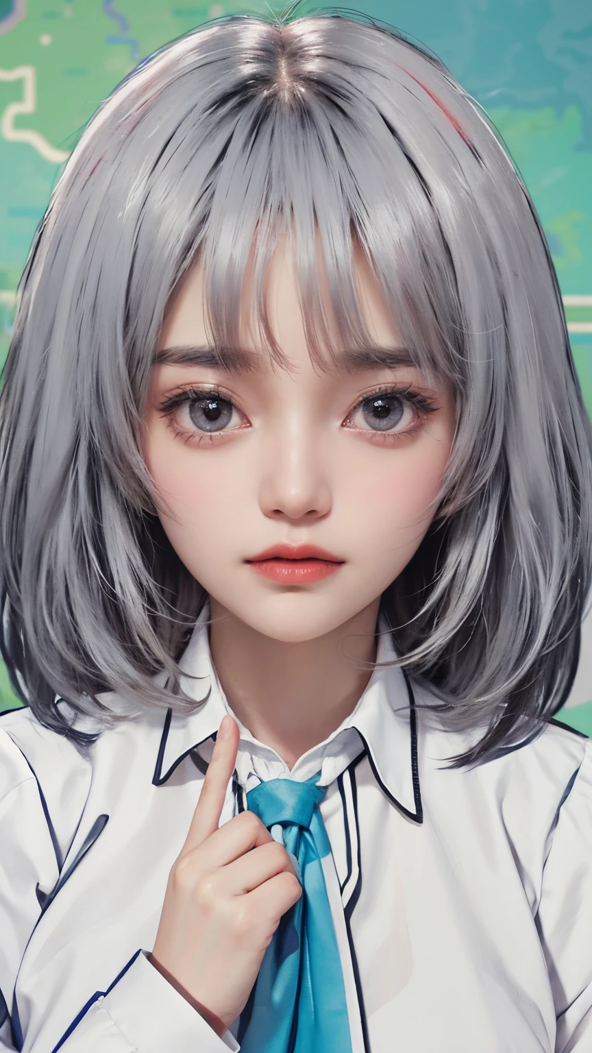 lora realistic blackish white hair, white clothes, wearing a red bow tie hold the blue blanket