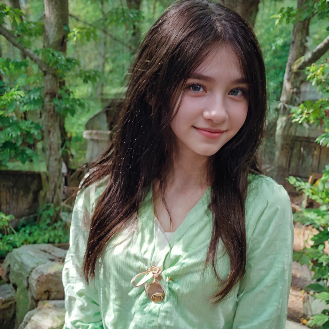 A young girl, has a white long hair, green eyes, pinky natural lips, wearing green outfit, while smiling peacefully, in nature landscape, real life anime art