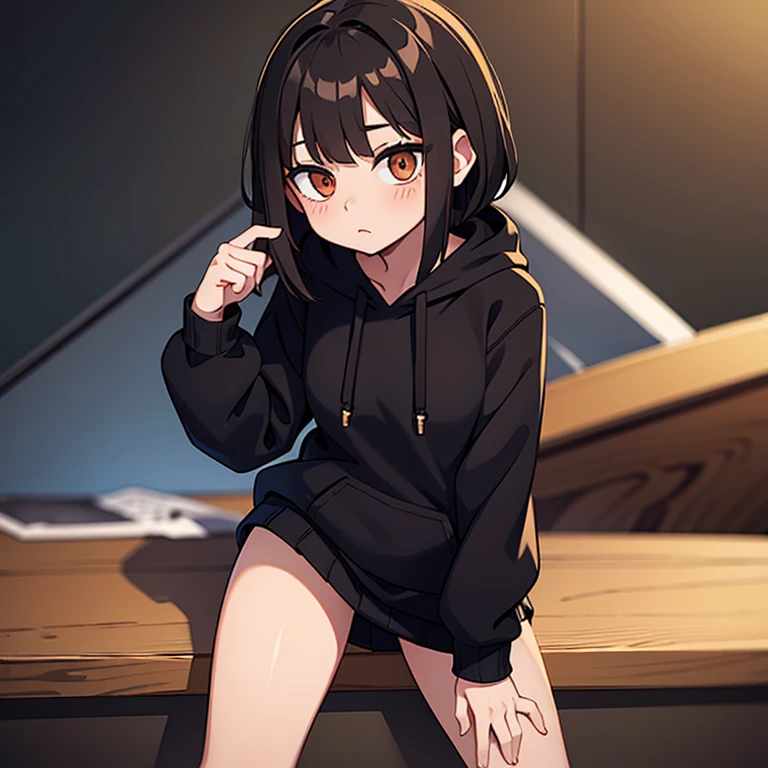 Black hair Brown eyes Pale skin Hoodie/sweatshirt Black skirt