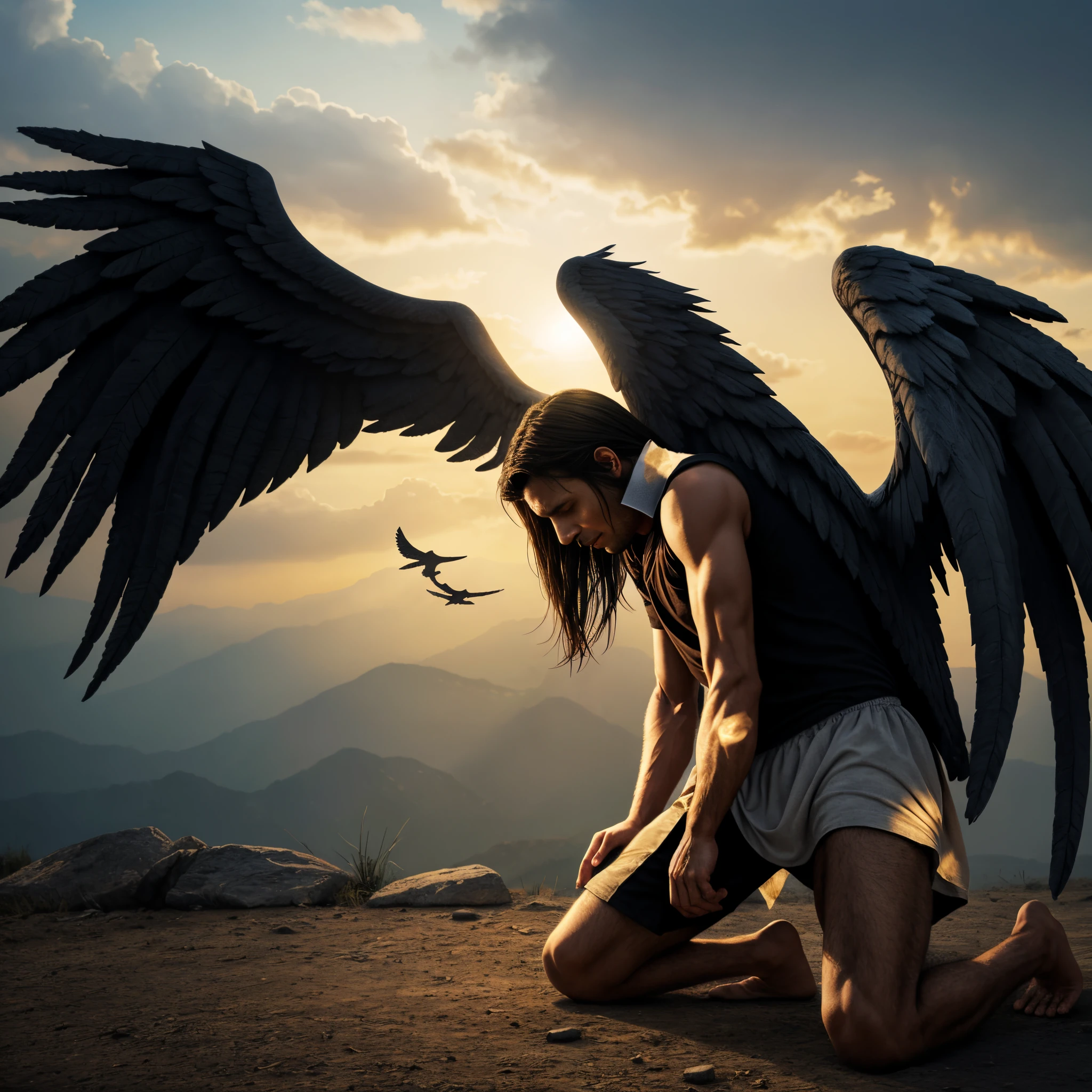there is a man kneeling down with wings spread out, a hyperrealistic painting by Ahmed Karahisari, pixabay contest winner, happening, the angels are crying, fallen angel, angels protecting a praying man, angel protecting man, emotional picture, biblical accurate angel, biblically acurate angel, human need death angel, to fathom hell or go angelic