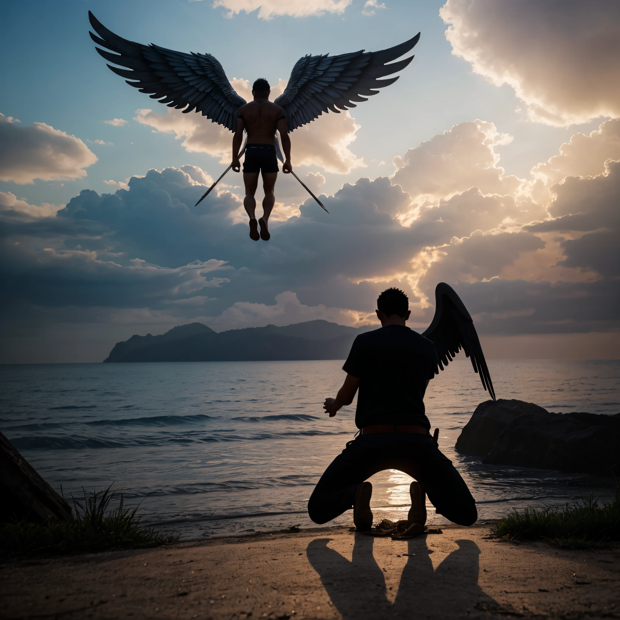 there is a man kneeling down with wings spread out, a hyperrealistic painting by Ahmed Karahisari, pixabay contest winner, happening, the angels are crying, fallen angel, angels protecting a praying man, angel protecting man, emotional picture, biblical accurate angel, biblically acurate angel, human need death angel, to fathom hell or go angelic