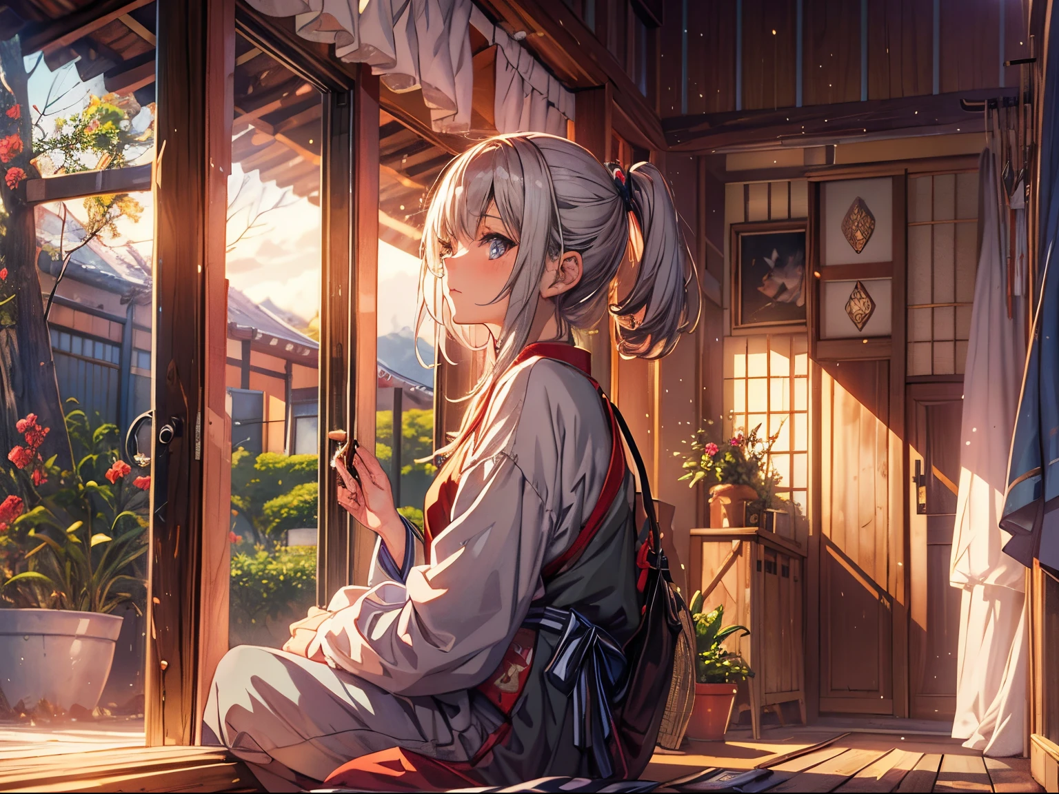 (​warm art), masterpiece, best quality, ultra detailed beautiful face and eyes, japanese anime style, girl with, relax vibe, cinematic angle, depth of field, Looking blankly outside the room, (looking away:1.3). Sitting on a cushion, sliding window, japanese Wooden house, cinematic lighting, suns,