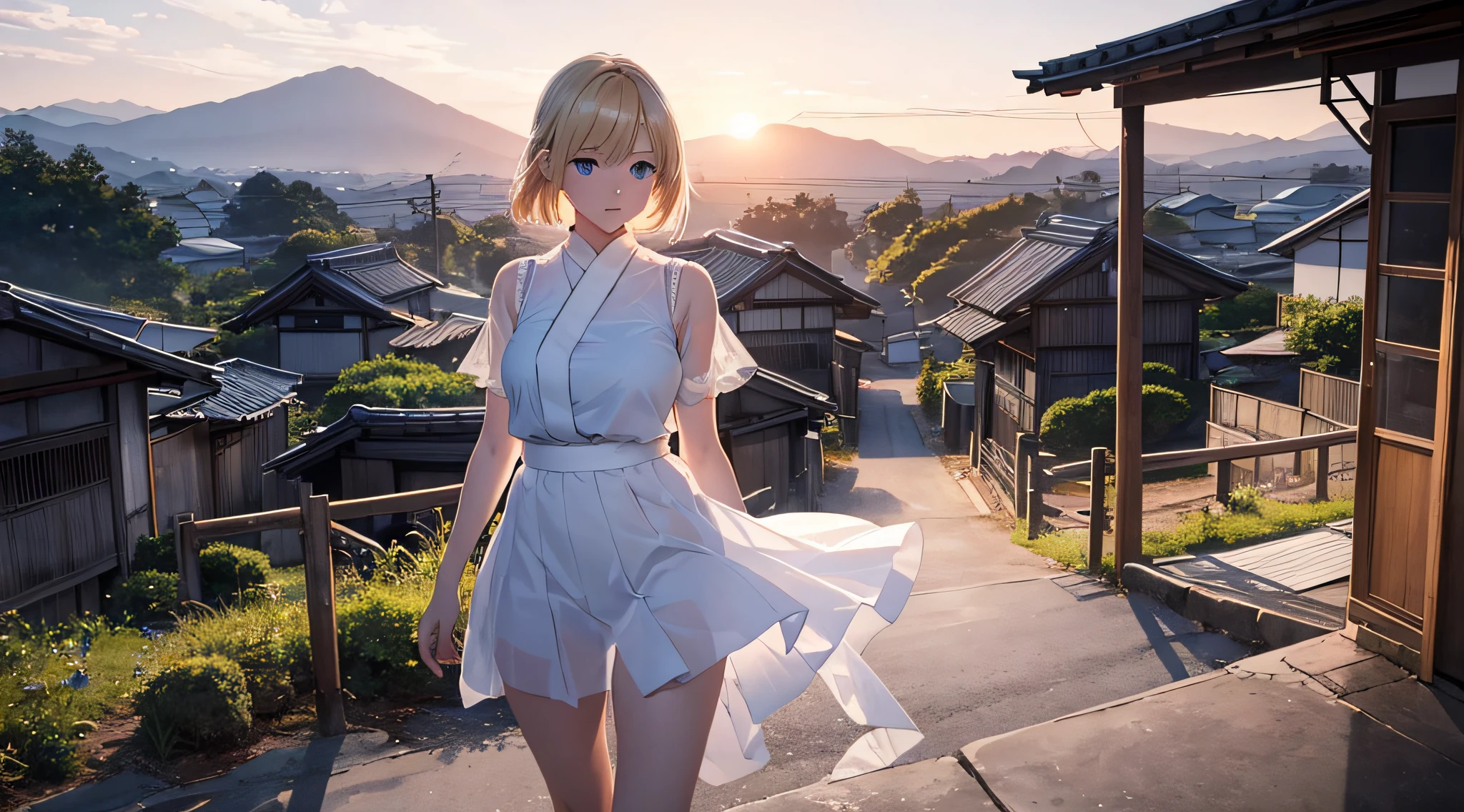 1个Giant Breast Girl, Medium blonde, eBlue eyes, Upper body wearing plan white transparent short, Wearing a pure white transparent tight skirt underneath, Show a complete figure, Inside the house, Japan countryside, sunsettime, A high resolution, Super sharp, 8K, tmasterpiece