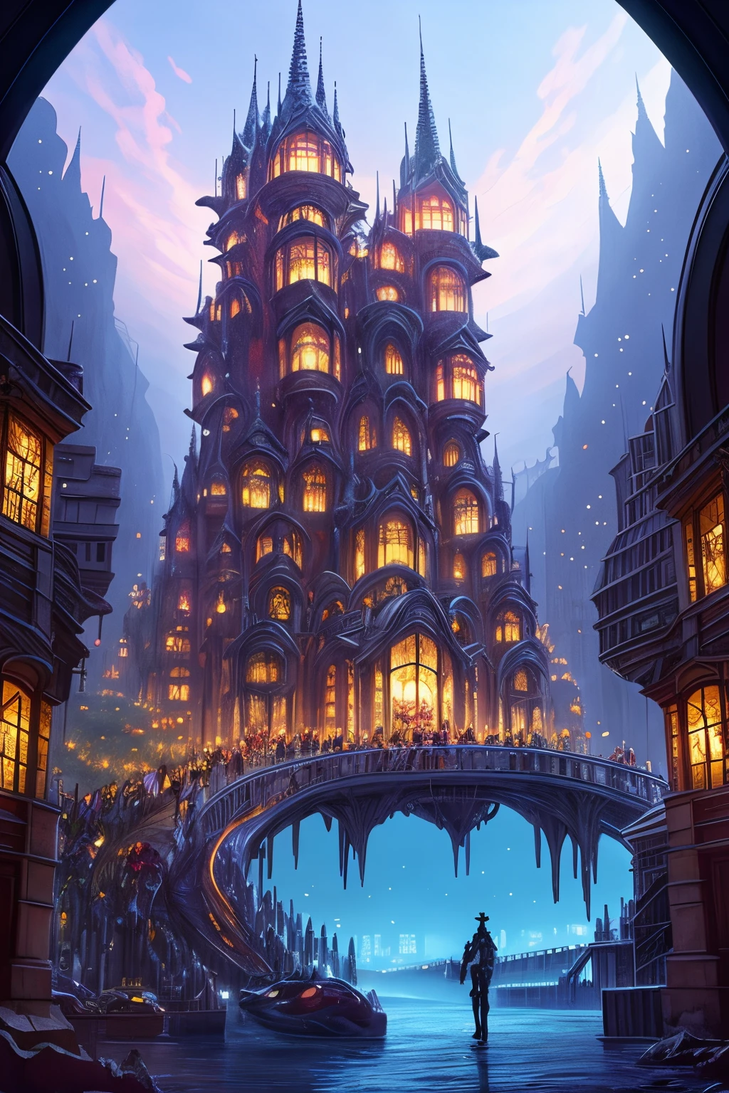 fantasy concept art, the transparent building resembles a giant aquarium at night,There are fish in it, beautiful lighting, wide wide shot, 8k 辛烷值渲染, realisticlying, epic shot, 电影灯光, Detailed architecture, Detailed fish