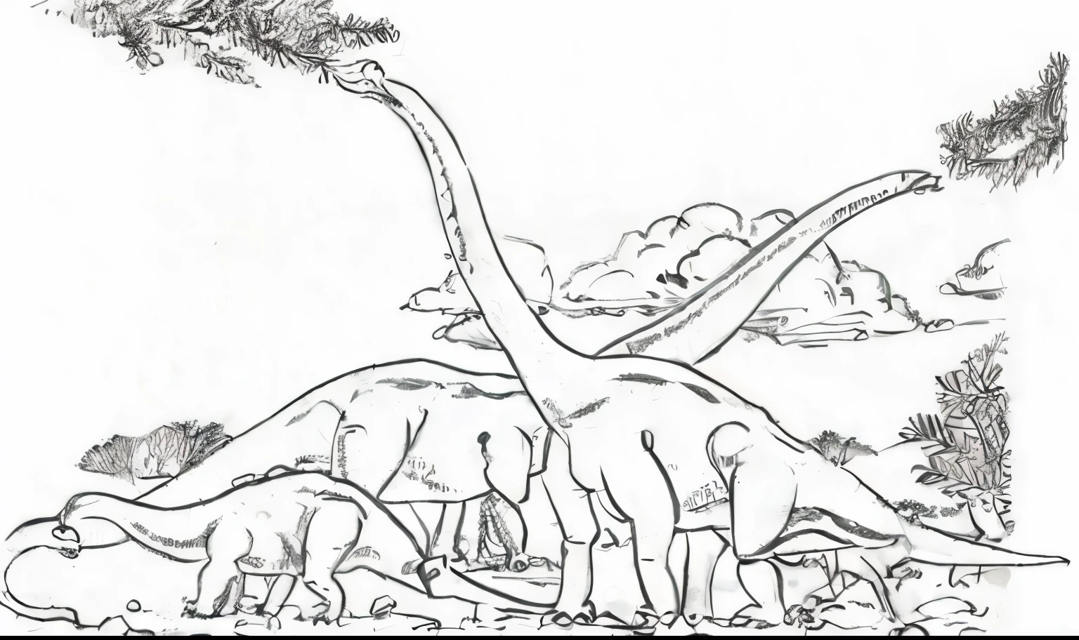 Drawing of a group of dinosaurs eating leaves from a tree, brachiosaurus, coloring page, Nacho dragon, carnivore dinosaur, dinosaurs, dinosaurs, Alolong, long necks, coloring page, at the time of dinosaurs, realistic ancient art, huge creature, spinosaurus, sauroform hybrid, illustration, Long neck