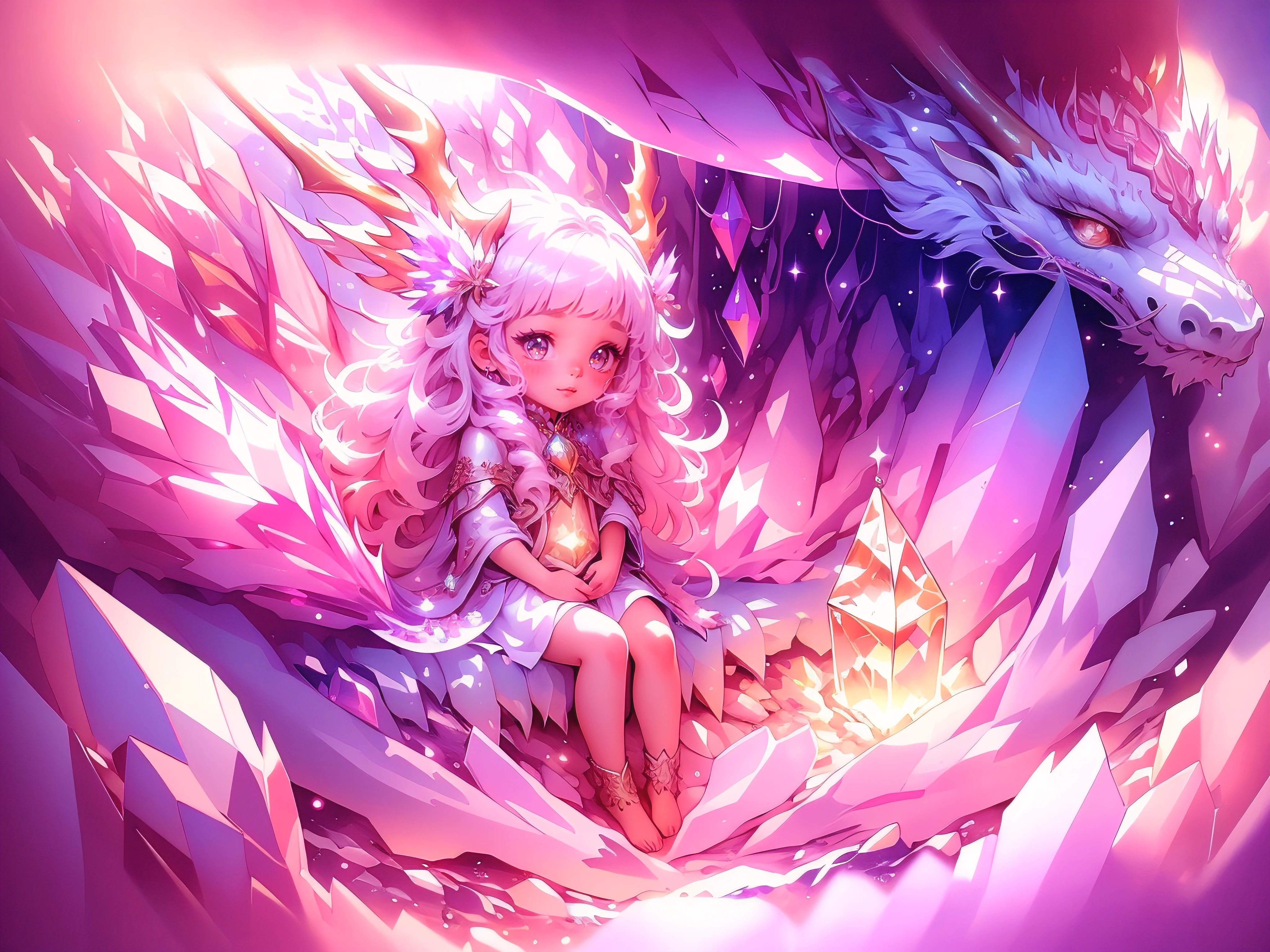 (best quality,4k,8k,highres,masterpiece:1.2),ultra-detailed,realistic, cute girl, crystal, cave, anime, adorable, crystal cave, crystals, colorful, peaceful, dragon