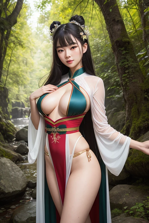 Super detailed characters,Depicts a 25-year-old woman wearing a transparent thin silk Hanfu,Super detailed facial features,Super detailed fingers,Immerse yourself in ultra-detailed forest environments,Towering trees background,Her hair black and shiny,deeply protruding and squeezed together,(((Huge double breasts))),Sexy lace thong,Presents a very dynamic effect。The picture full of color,Use real photography art,Added motion effects。Overall ancient style,Turn your face and look behind you,facing front,Very charming look,Make people feel super strong,human body panorama。
