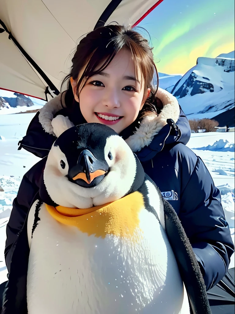 (realisitic、Photorealsitic:1.37)、(8K、Raw photography、top-quality、masterpiece:1.2)、Very cute woman、ultra-detailliert、Heart-shaped pupil、physically-based renderingt、超A high resolution、Kodak Vision Color、Captured with an Arricam LT camera、bokeh dof、foco nítido、(((Correct anatomy:1.2)))、(cute illustration, anime:1.2), girl, cute, smile, camping, Antarctica, penguins, Adelie, Chinstrap, Gentoo, Emperor, tent, sleeping bag, fire, snow, ice, mountains, starry sky, aurora, High-resolution, ultra-detailed, best quality,