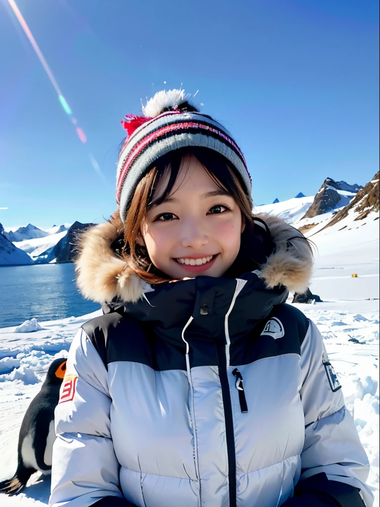 (realisitic、Photorealsitic:1.37)、(8K、Raw photography、top-quality、masterpiece:1.2)、Very cute woman、ultra-detailliert、Heart-shaped pupil、physically-based renderingt、超A high resolution、Kodak Vision Color、Captured with an Arricam LT camera、bokeh dof、foco nítido、(((Correct anatomy:1.2)))、(cute illustration, anime:1.2), girl, cute, smile, camping, Antarctica, penguins, Adelie, Chinstrap, Gentoo, Emperor, tent, sleeping bag, fire, snow, ice, mountains, starry sky, aurora, High-resolution, ultra-detailed, best quality,